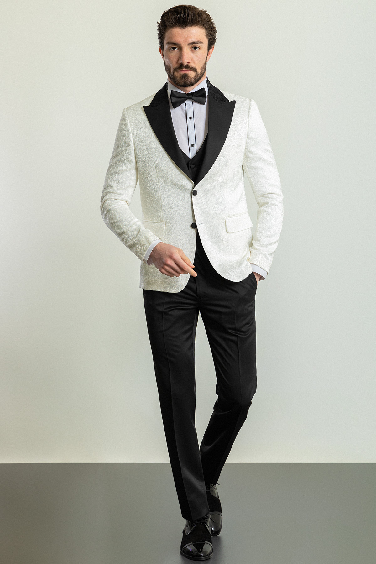 Mcr Patterned Slim Fit Wide Collar Satin Men's Groom Suit Ecru - 45244.23Y