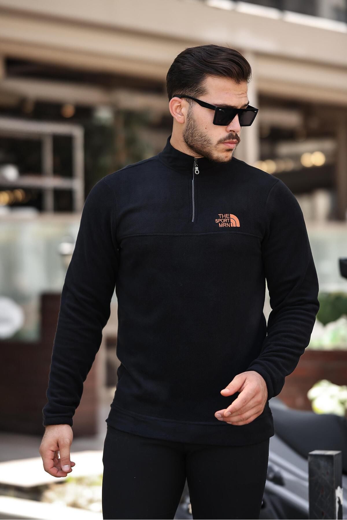 Miron Siyah Unisex Nakışlı Dik Yaka Yarım Fermuarlı polar Sweatshirt- 2321