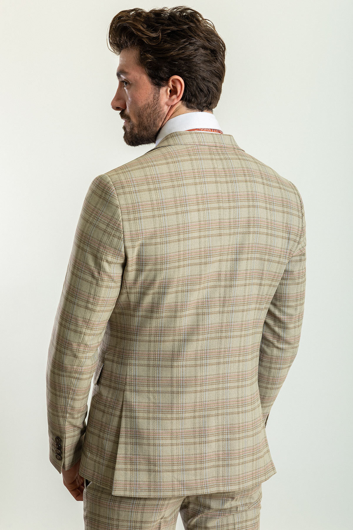 Ekoseli Slim Fit Mono Yaka Erkek Takım Elbise Bej - 45223.23Y — رنگارنگ — تصویر 5 از 6