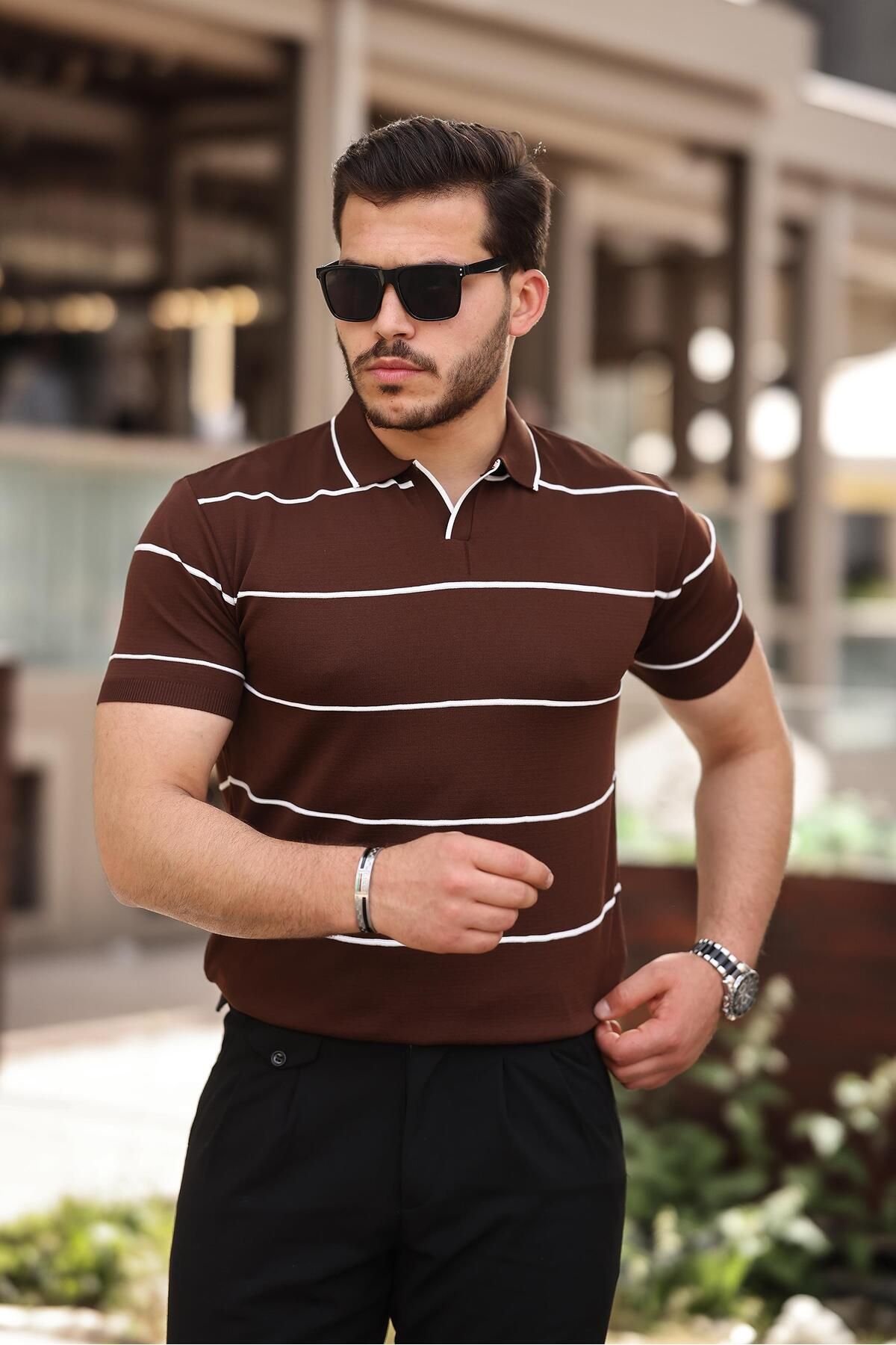 Miron-Tricou din tricot cu dungi maro cu gât polo - 2427 2