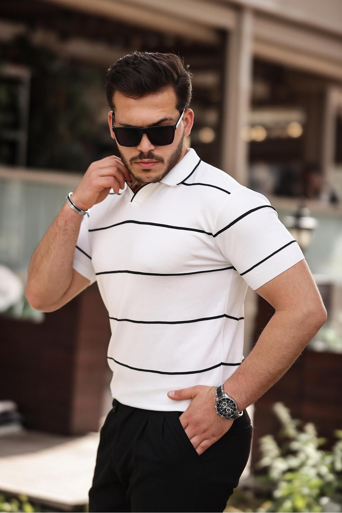 Miron-Polo Neck White Striped Knitwear T-Shirt - 2427 2