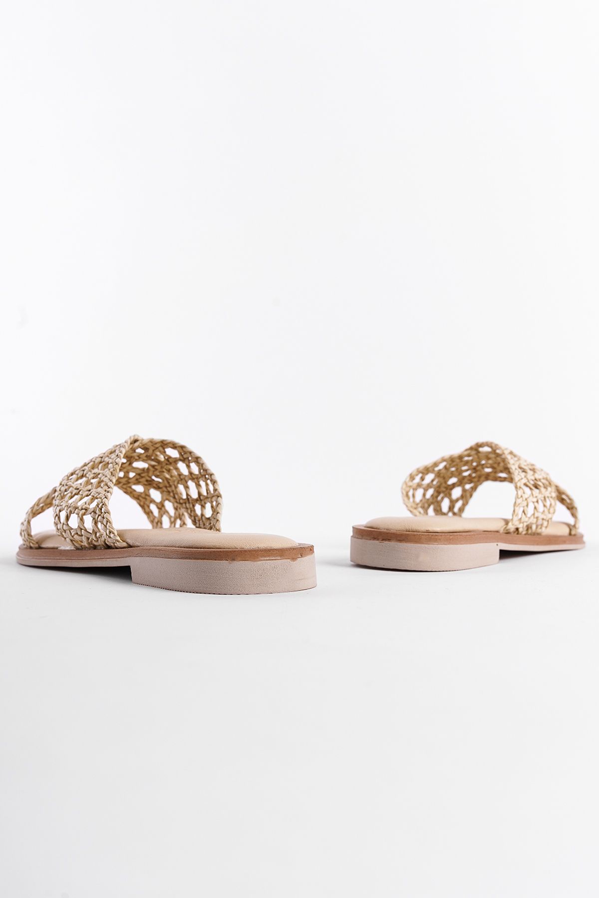 دمپایی نود زنانه حصیر چرمی واقعی Misis Crazy Flat Heels Dlippers Capone Outfitters