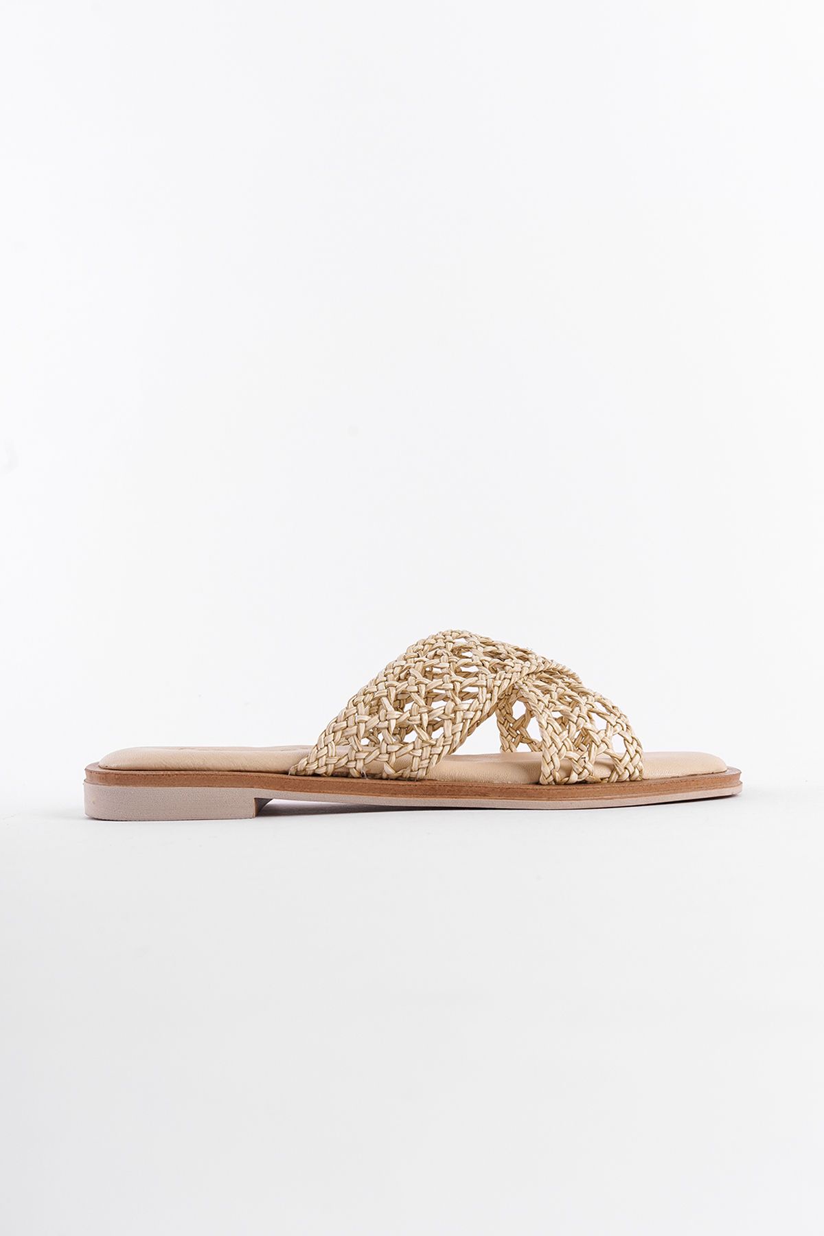 دمپایی نود زنانه حصیر چرمی واقعی Misis Crazy Flat Heels Dlippers Capone Outfitters