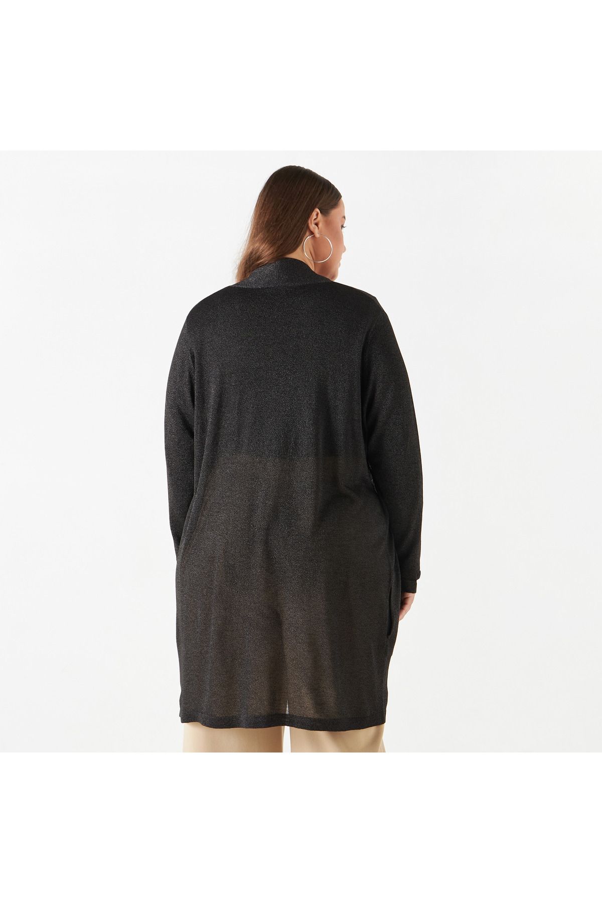 Ulla Popken-Plus Size Ulla Popken Textured Shrug with Long Sleeves and Pockets 3