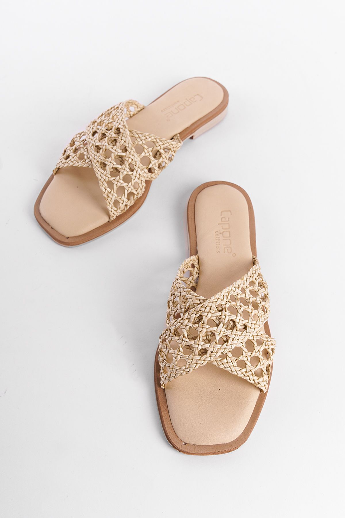 دمپایی نود زنانه حصیر چرمی واقعی Misis Crazy Flat Heels Dlippers Capone Outfitters