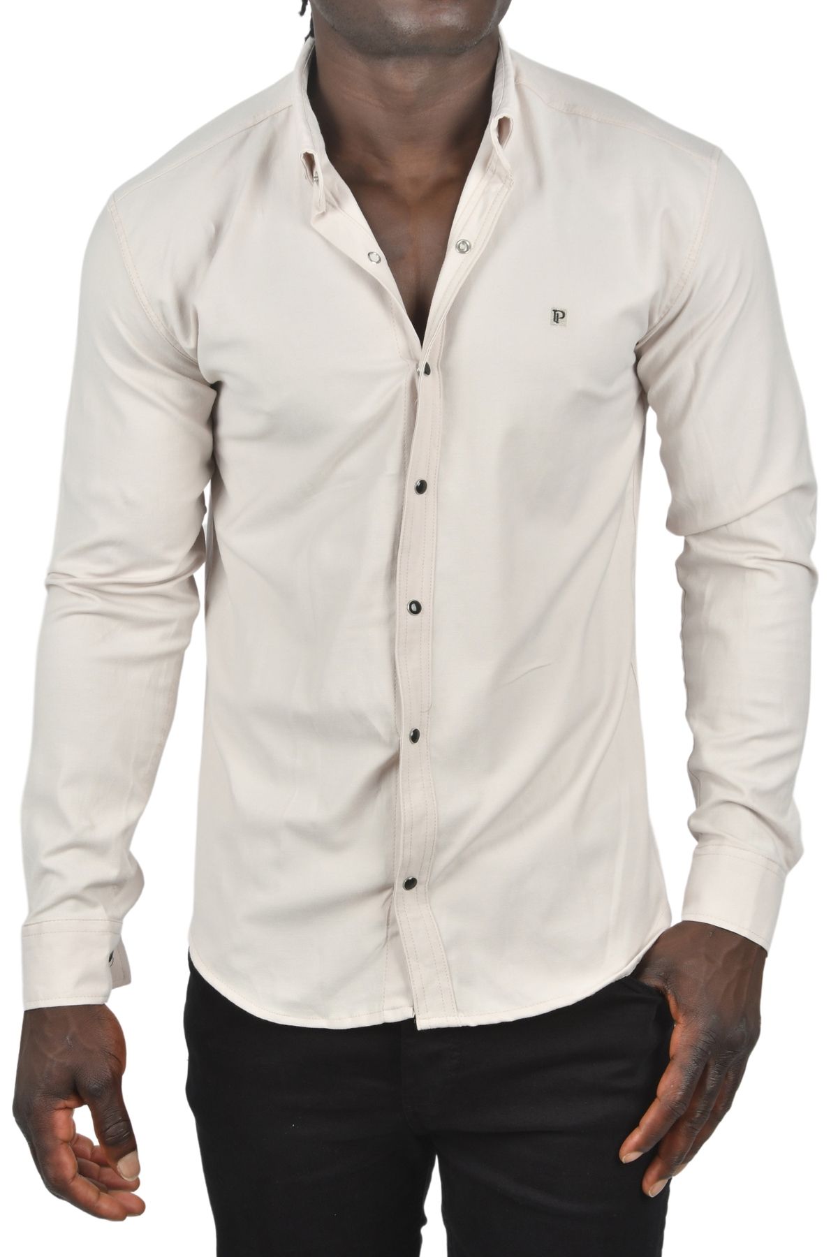 DeepSEA-Men's Beige Snap Button Denim Shirt 2300413 1