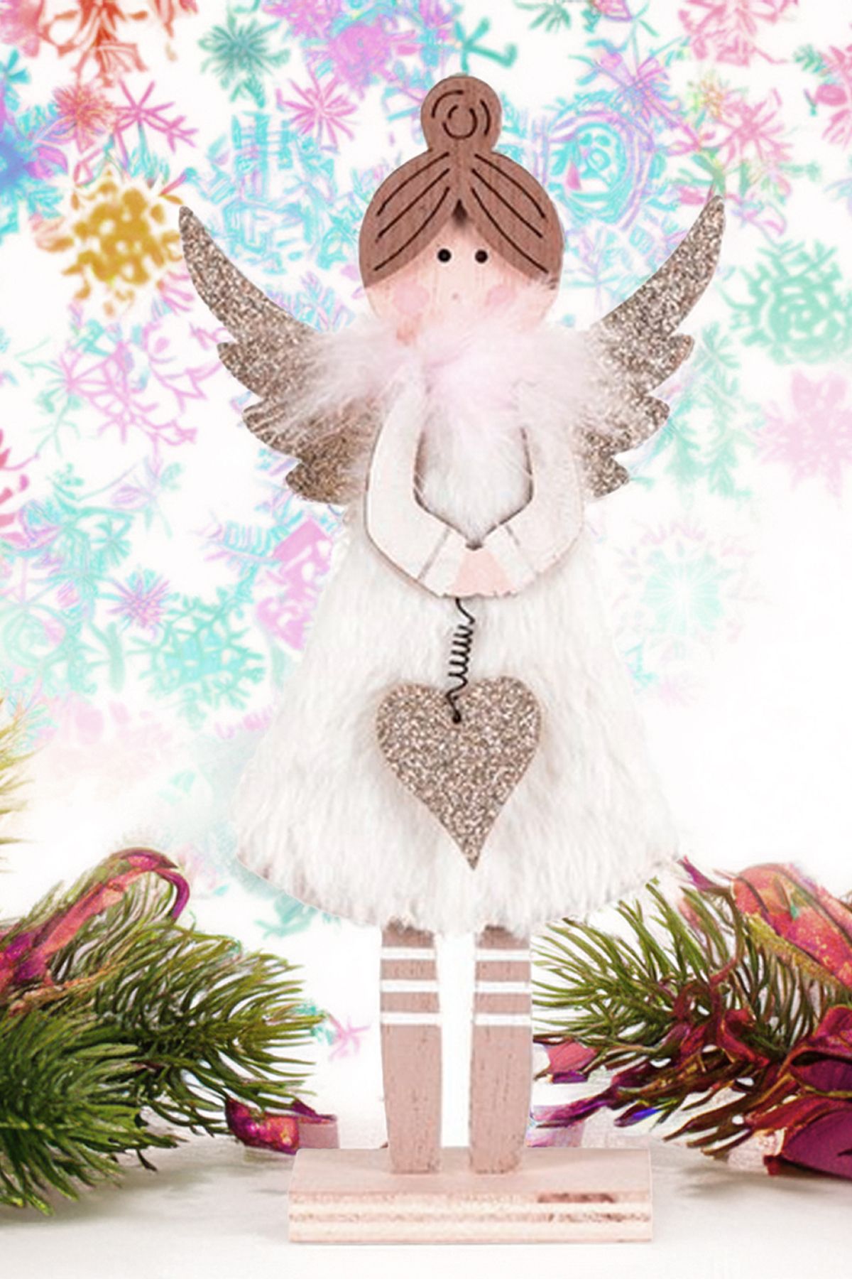 Sole-Christmas Ornament Decorative Wooden Angel Figurine with Plush Dress - 19 cm 1