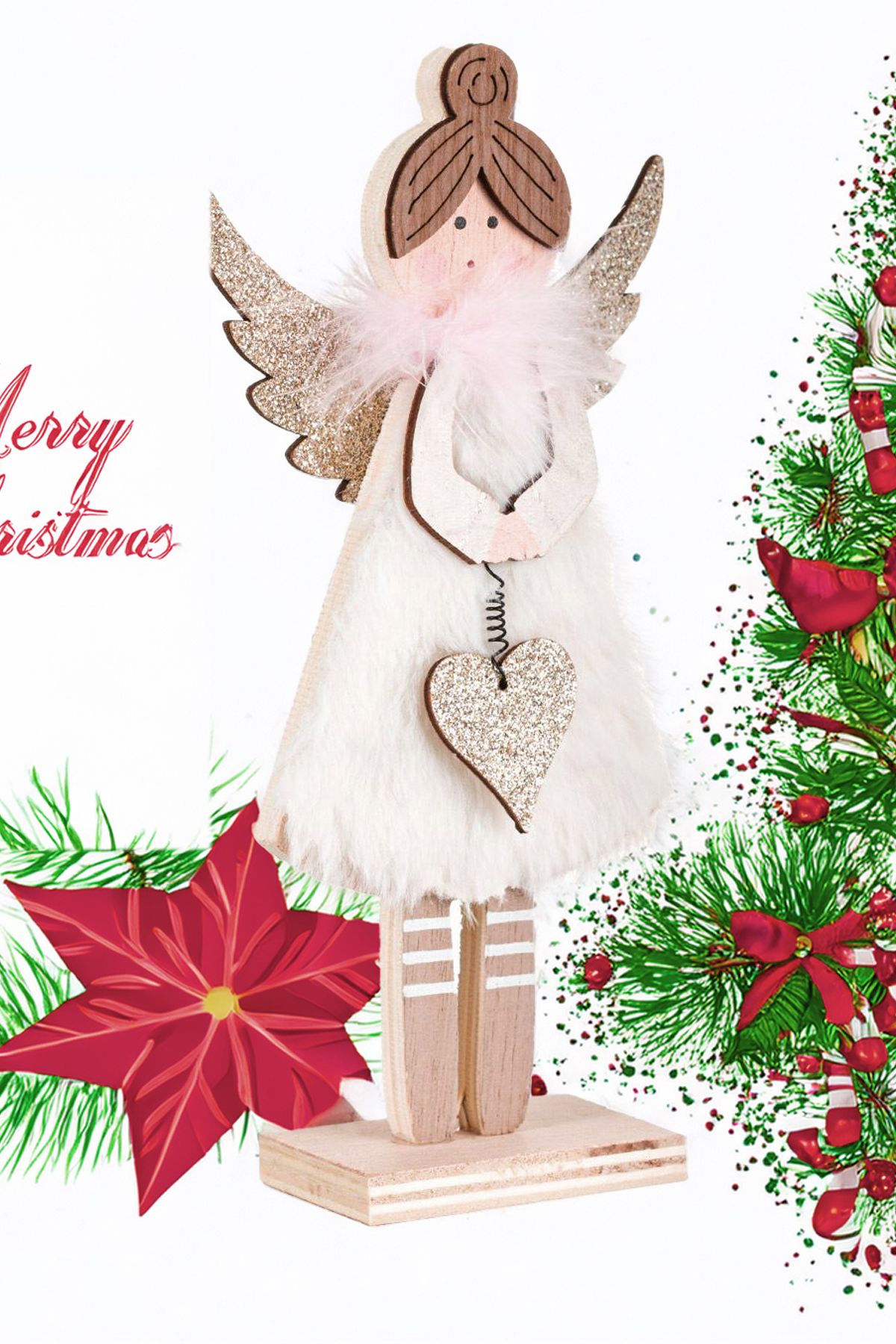 Sole-Christmas Ornament Decorative Wooden Angel Figurine with Plush Dress - 19 cm 3