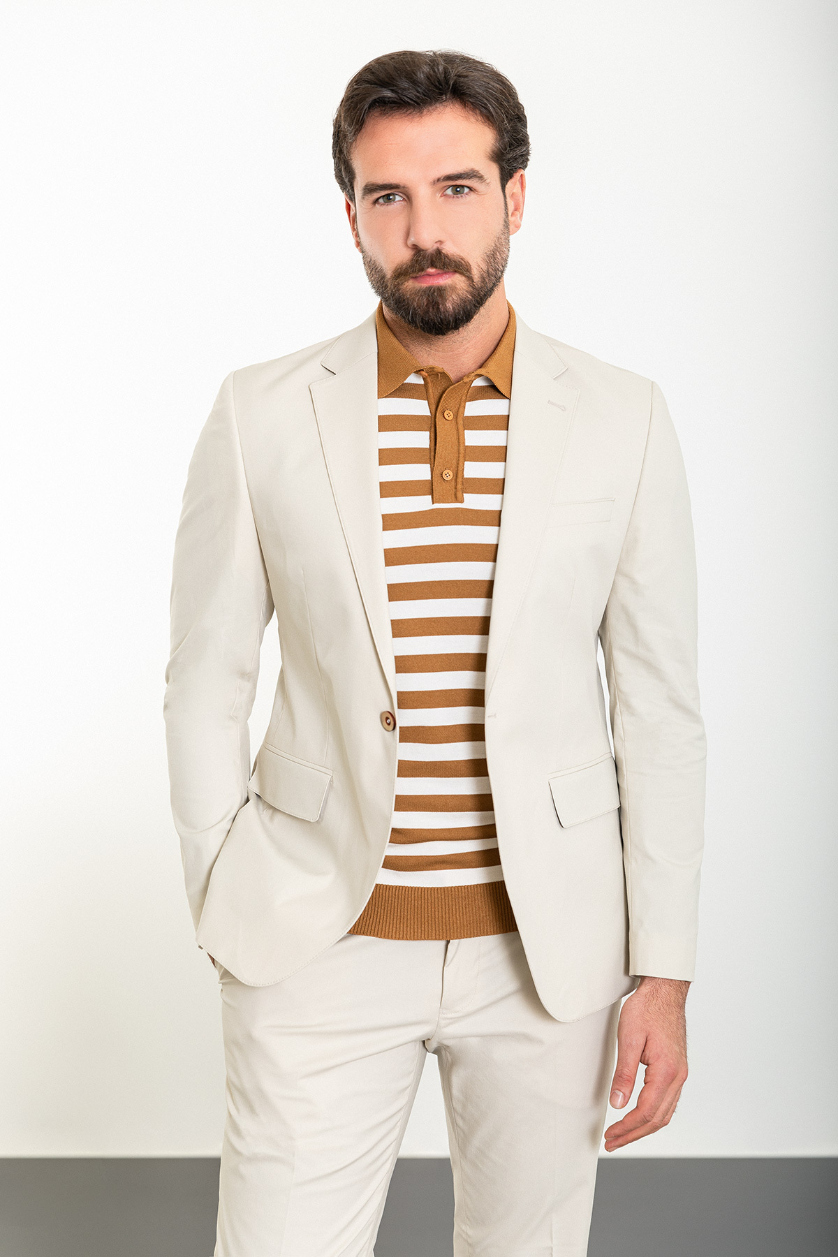 Plain Slim Fit Mono Neck Mens Suit Beige - 45306.24Y