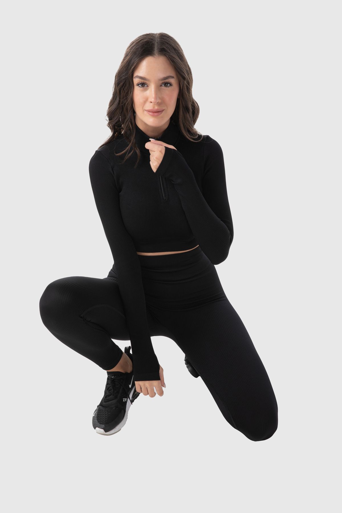 MODANTY-Women's Black Sports Set High Waist Tights Set Zippered Crop Recovery Seamless Fitness Outfit 3