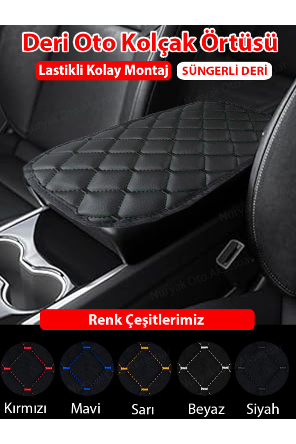 GD Life OPEL CORSA D Deri Oto Kolçak Kılıfı Örtüsü Capitone Süngerli Siyah Nakışlı-