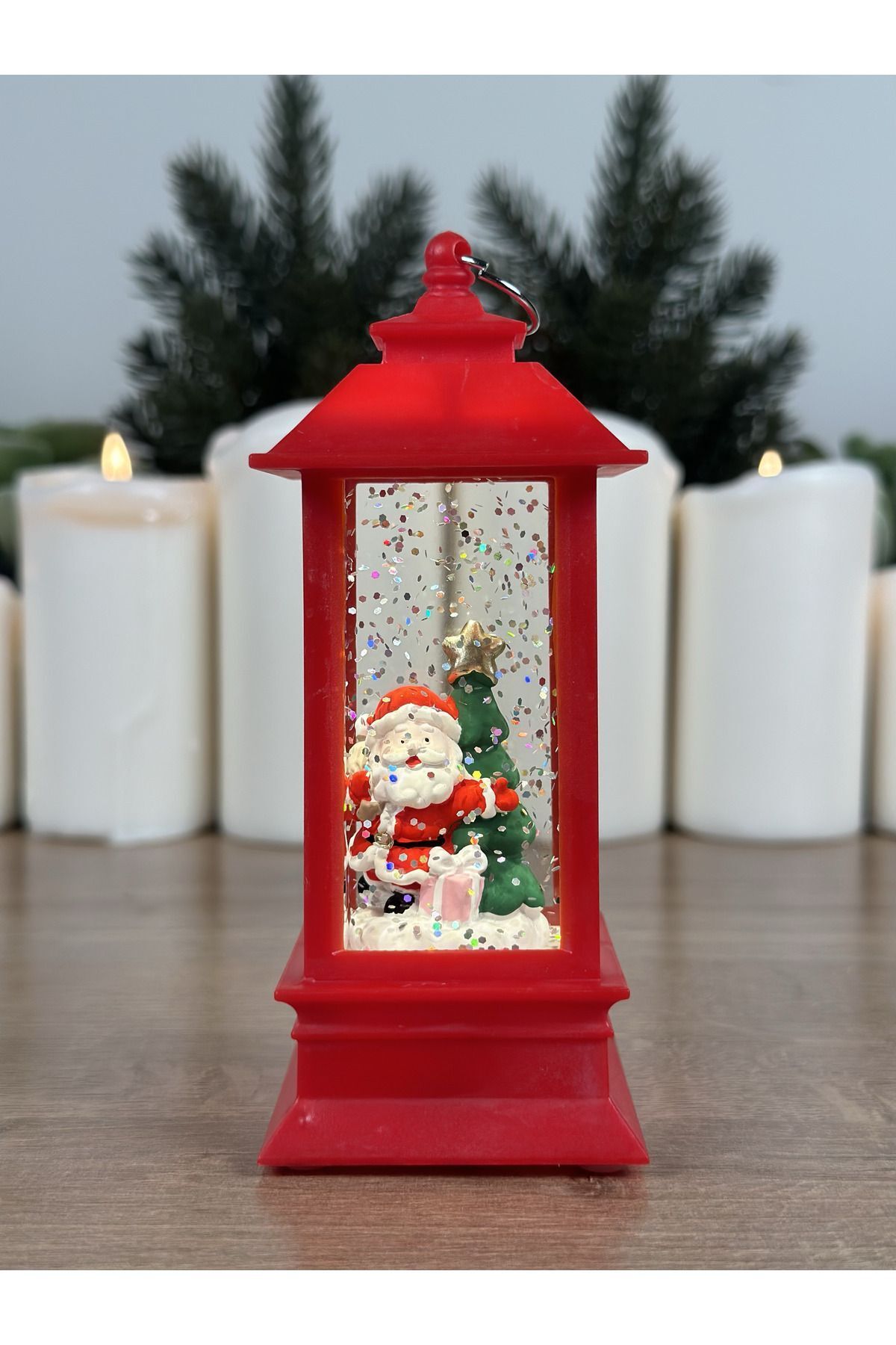 Elioure Noel Baba Çam Ağacı Yılbaşı Işıklı Simli Fener Tipi Kar Küresi