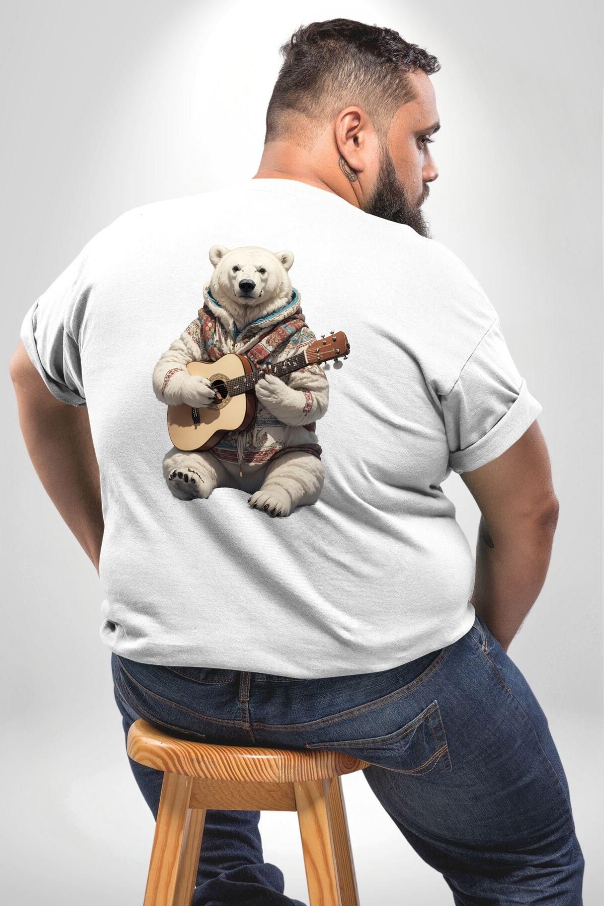 Angemiel-Large Size White T-Shirt - Polar Bear Guitar Fleece Jacket, Back Printed, Unisex 1