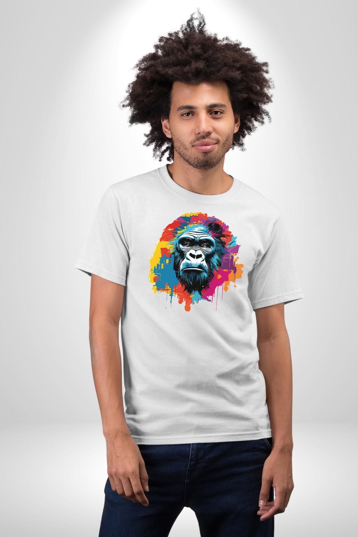 Angemiel-Tricou organic alb cu model Monkey Gorilla - Bumbac pieptănat unisex, de înaltă calitate 8