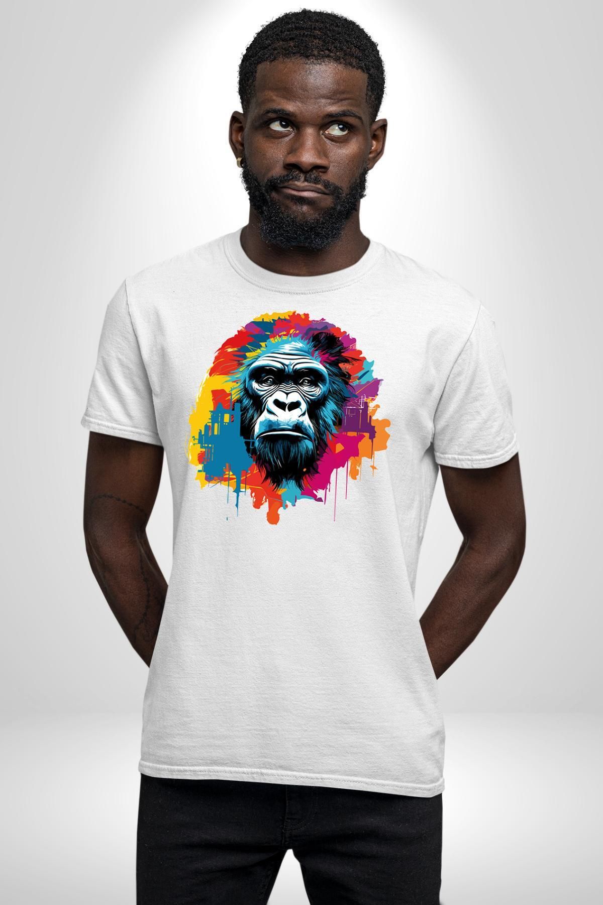 Angemiel-Tricou organic alb cu model Monkey Gorilla - Bumbac pieptănat unisex, de înaltă calitate 5