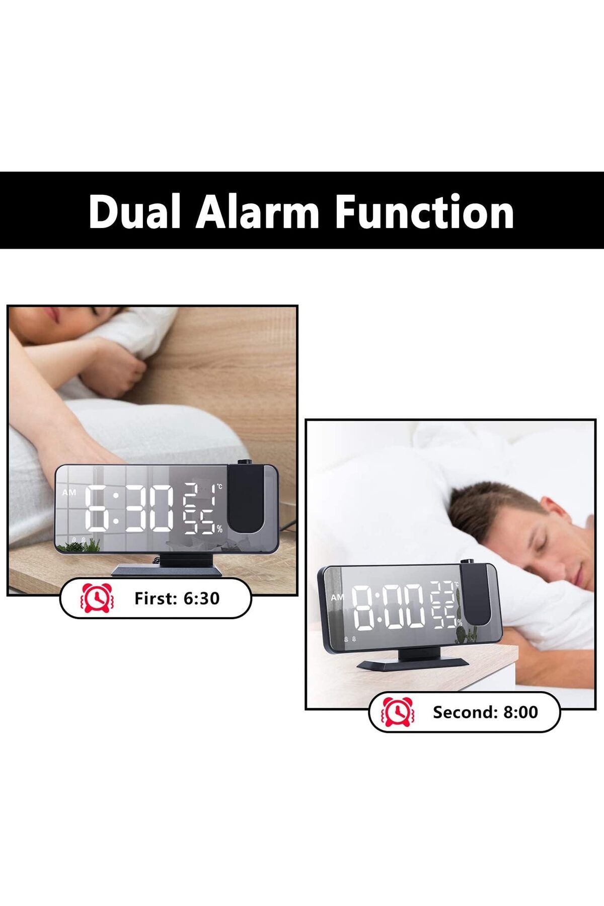 COOYA-Digital Ceiling Projection Alarm Clock,with USB Charger,Port Temperature & Humidity Display,Snooze 6