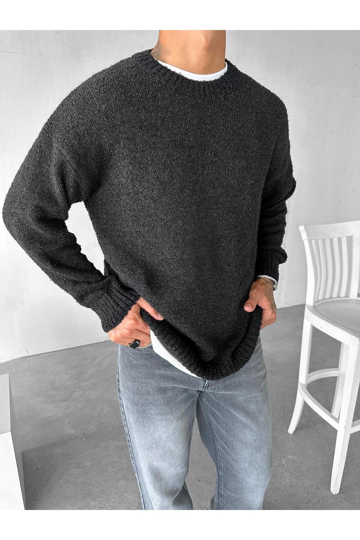 ablukaonline-Men's Oversize Black Soft Textured Sweater 1