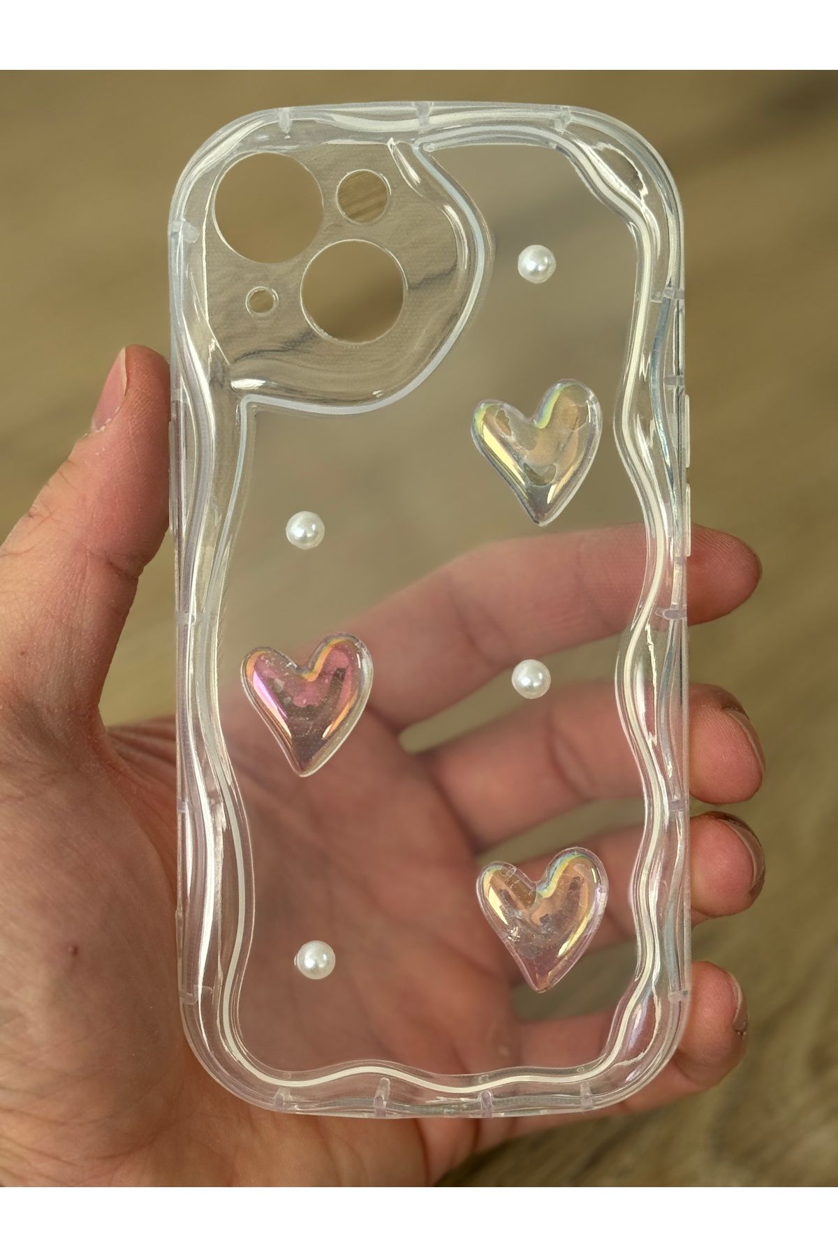 apple iphone 1314 caméra de surveillance 3d couverture transparente avec cœur et perles