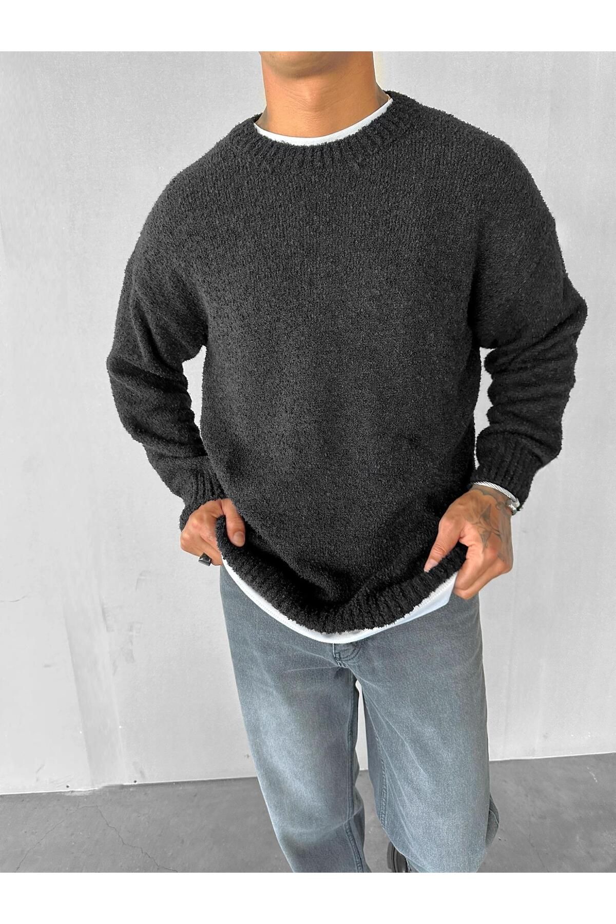 ablukaonline-Men's Oversize Black Soft Textured Sweater 2