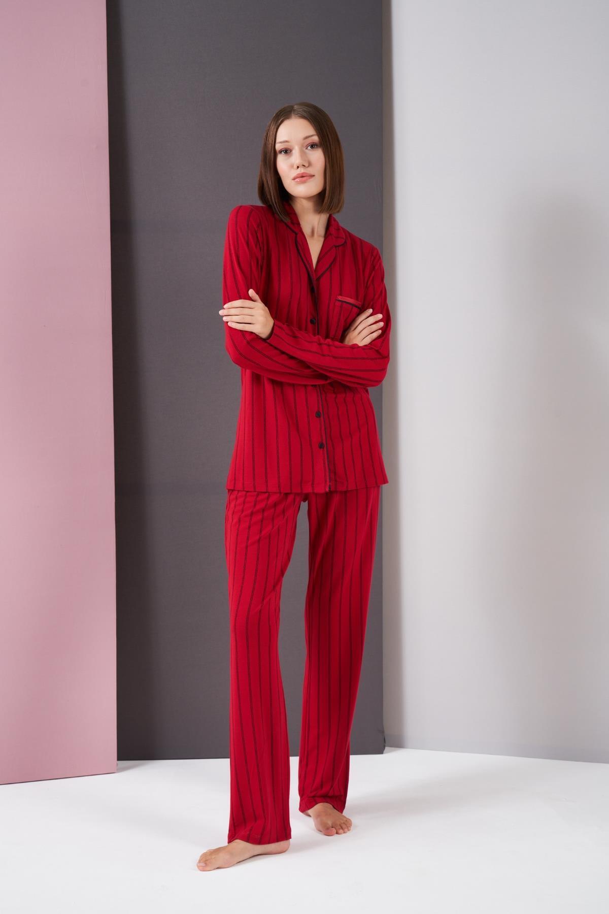 PJS-Women's Buttoned Houndstooth Striped Long Sleeve Pajama Set 4