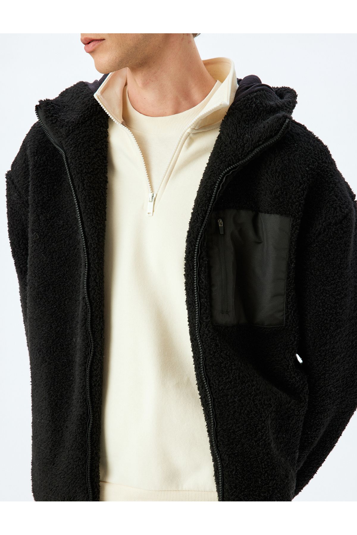 Koton-Hooded Plush Jacket with Zippered Pocket Detail 5