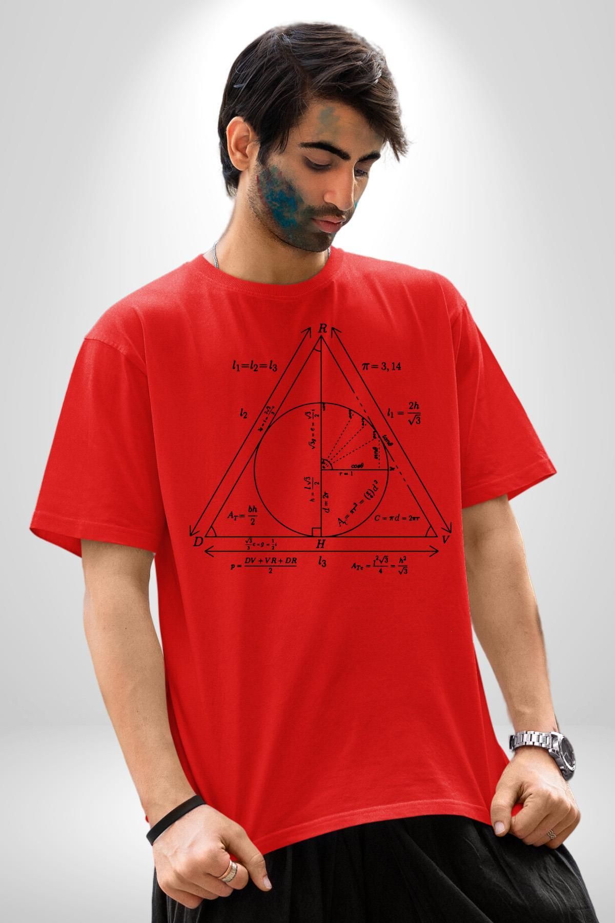 Angemiel-Pythagoras Circle Digital Printed Cotton Oversize Red Men's and Women's Boyfriend T-Shirt - Crew Neck 5