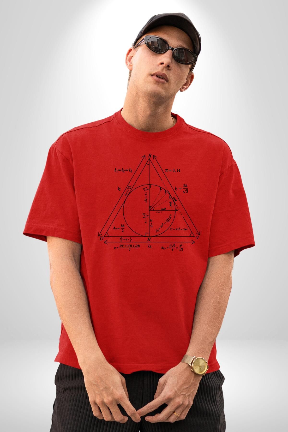 Angemiel-Pythagoras Circle Digital Printed Cotton Oversize Red Men's and Women's Boyfriend T-Shirt - Crew Neck 2