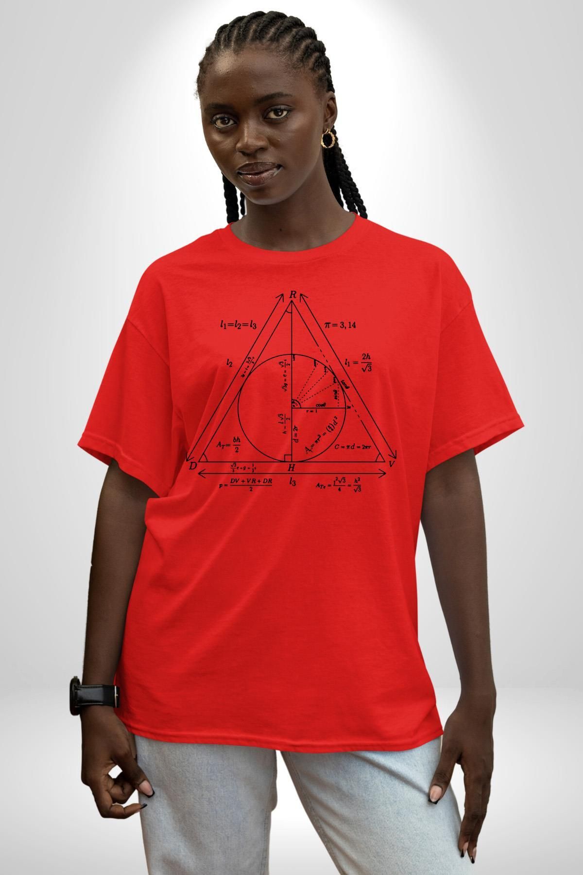 Angemiel-Pythagoras Circle Digital Printed Cotton Oversize Red Men's and Women's Boyfriend T-Shirt - Crew Neck 1