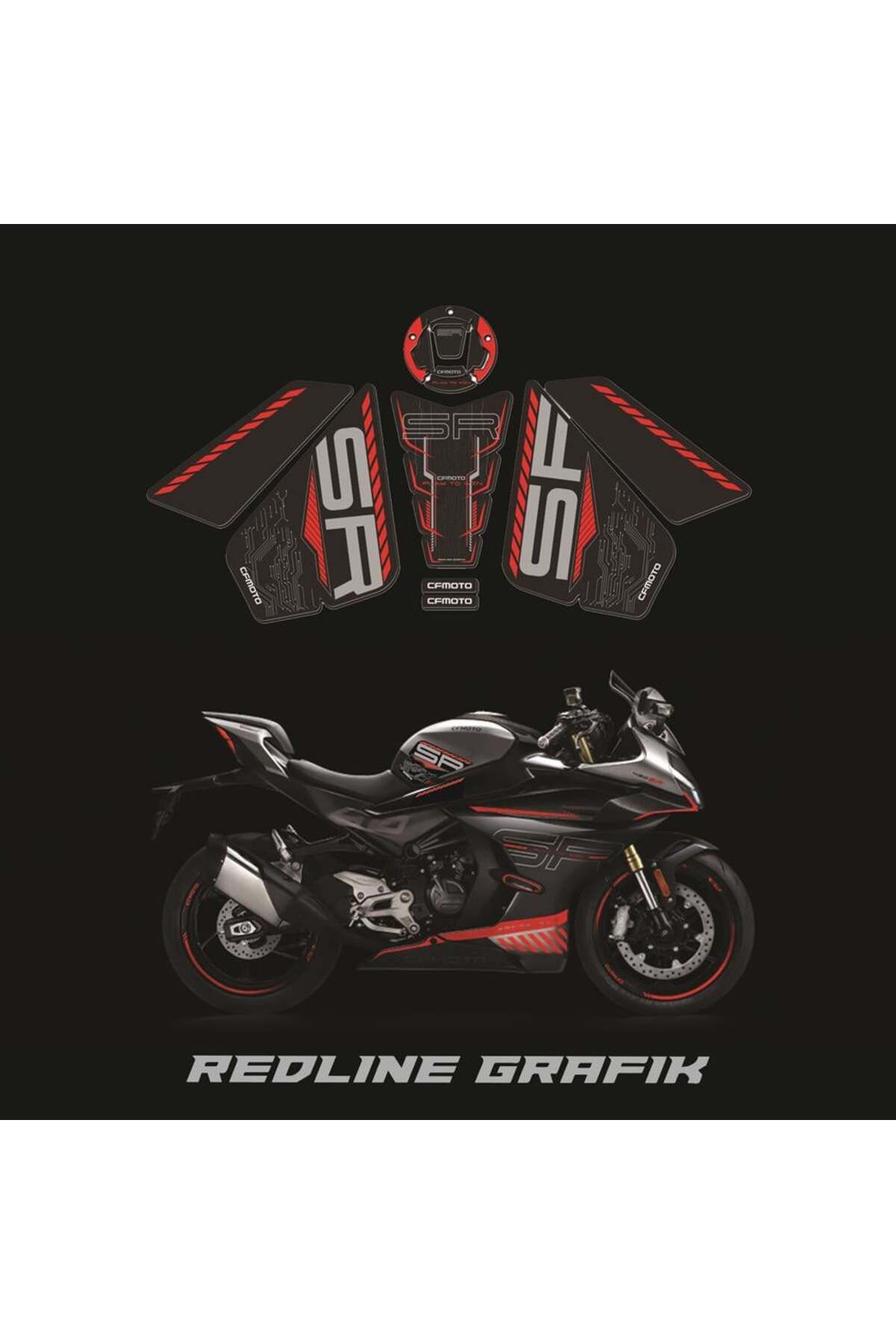 Redline Grafik CF Moto 450SR Tank Pad Set Kırmızı Sİyah Redlinegrafik