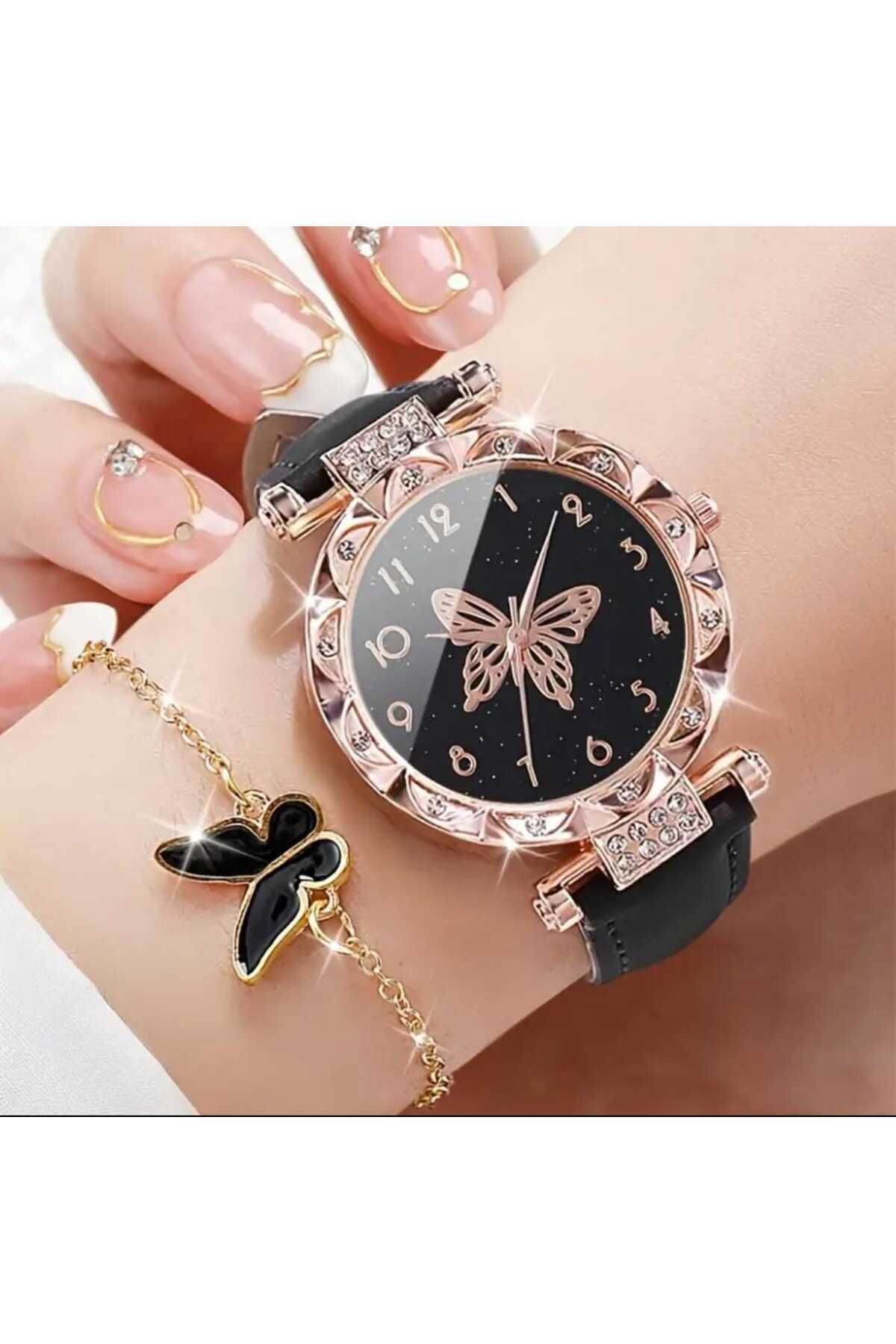 Beyna Rose Gold Kaplama Kelebek Kolye Küpe Bileklik Yüzük Saat Set
