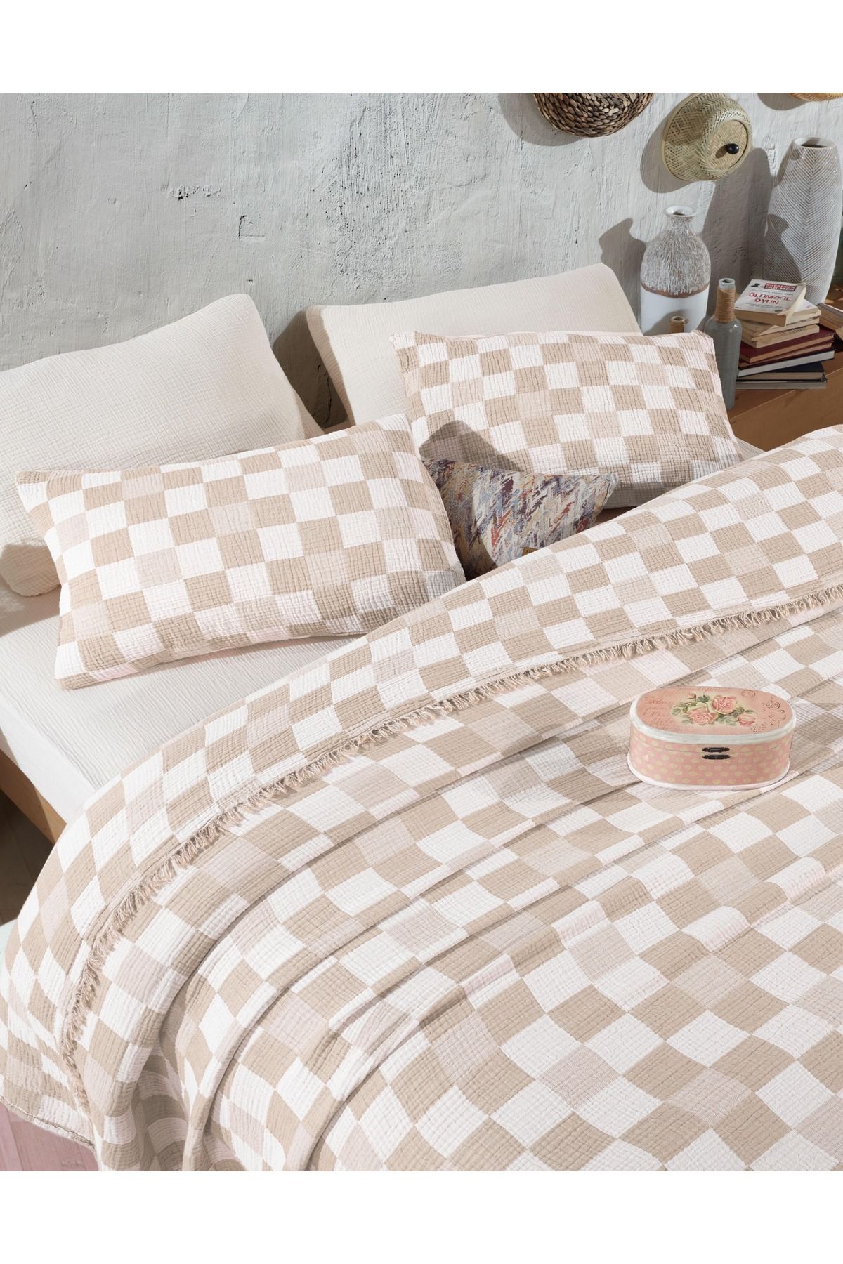destinyhometex-Checkered Pattern 4 Layer Multi Muslin 100% Cotton Single Bedspread 160X240Cm 4