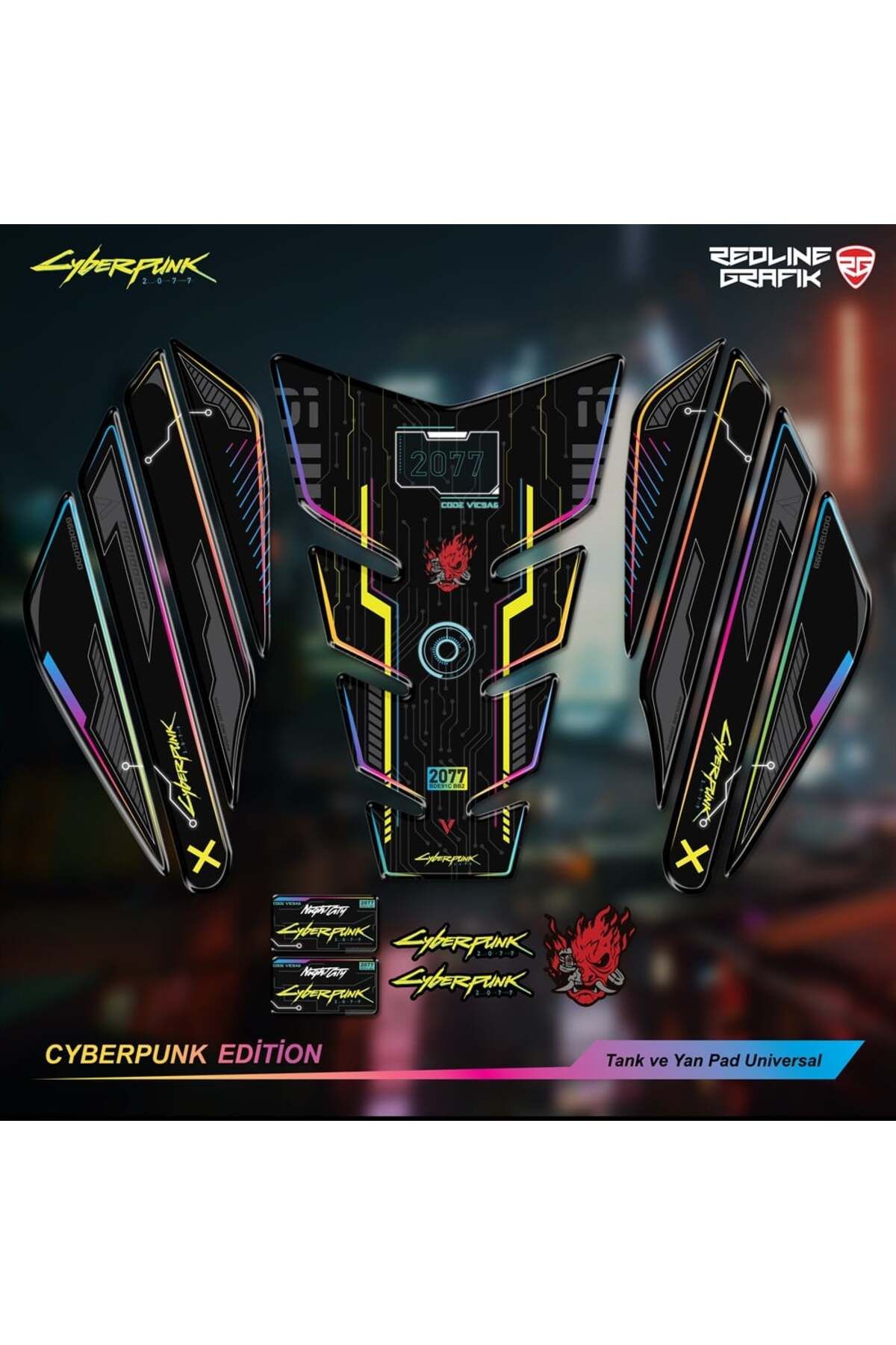 Redline Grafik Cyberpunk Tank Pad Yan Pad Seti Motorsiklet Universal Özel Seri Special Edition