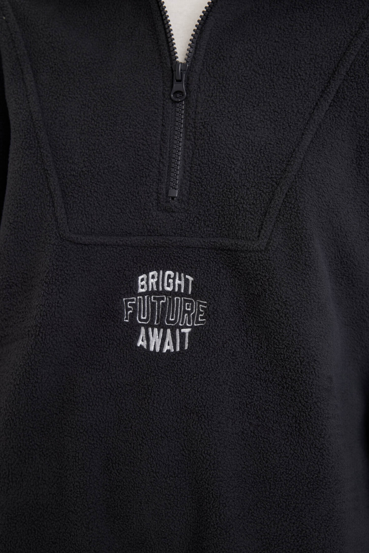 DeFacto-Übergroßes, geripptes, besticktes Fleece-Sweatshirt mit Reißverschluss und Stehkragen 4