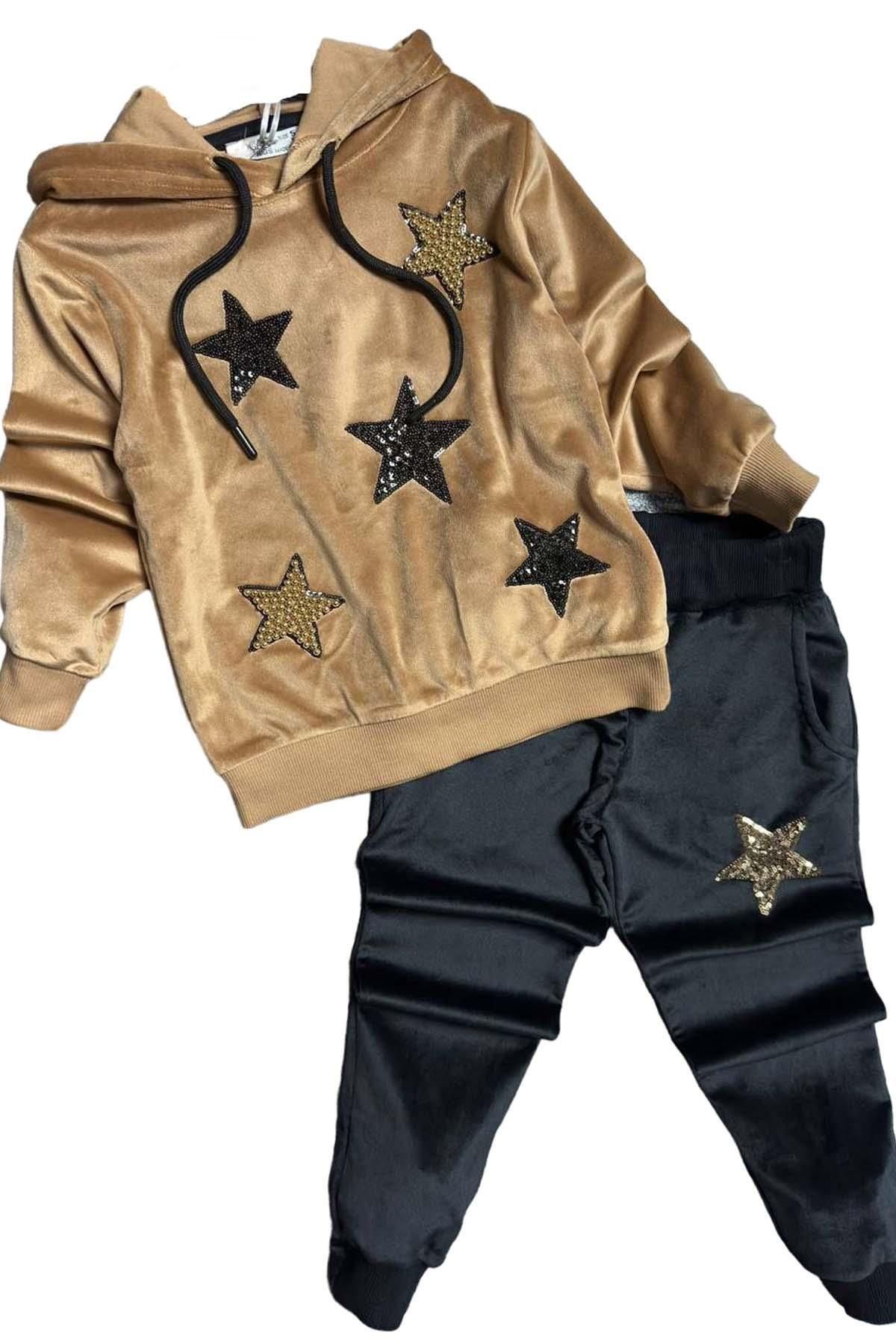 Riccotarz-Sequin Star Print Velvet Sweatshirt and Mustard Sweatpants Set for Girl 5