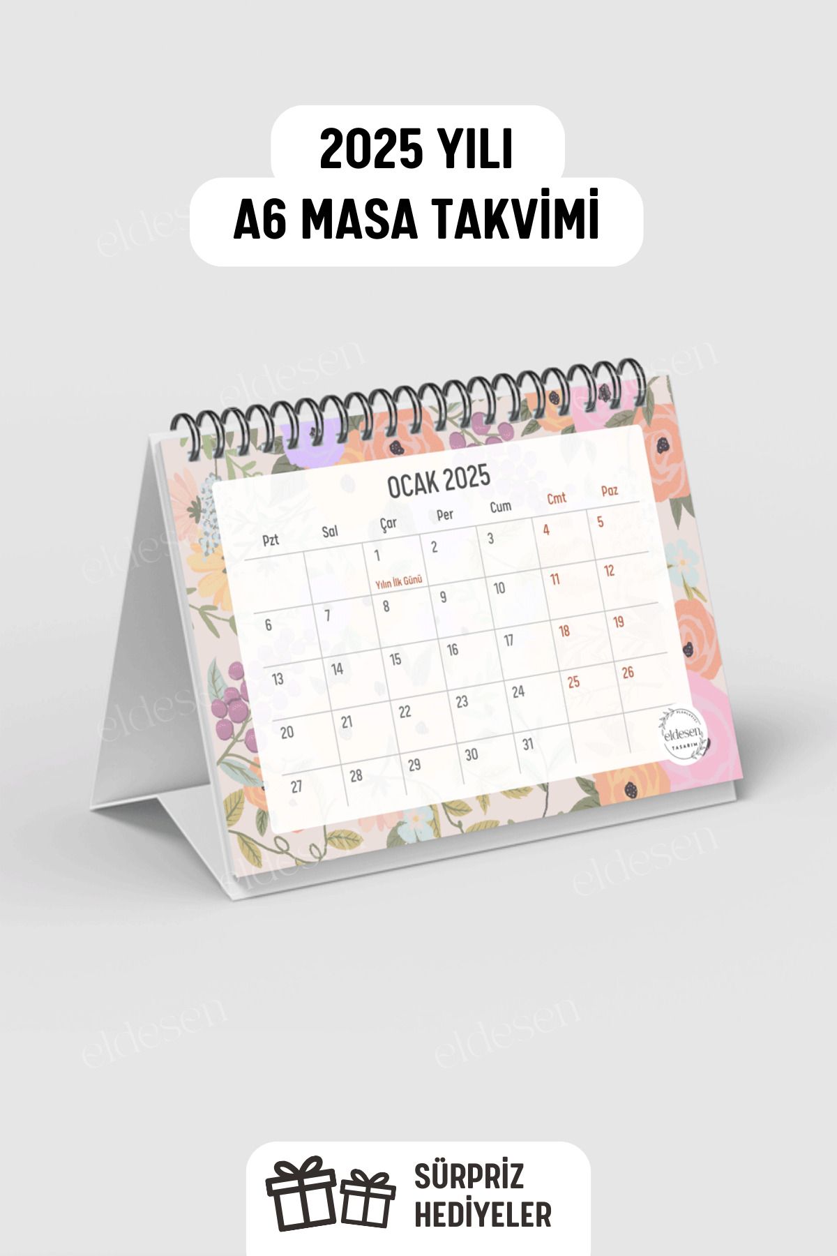 Eldesen Tasarım Yıllık Ve Aylık 2025 Masa Takvimi Spiralli A6 (15X12CM) Orta Boy / Resmi Tatiller Ve Hafta Sonları