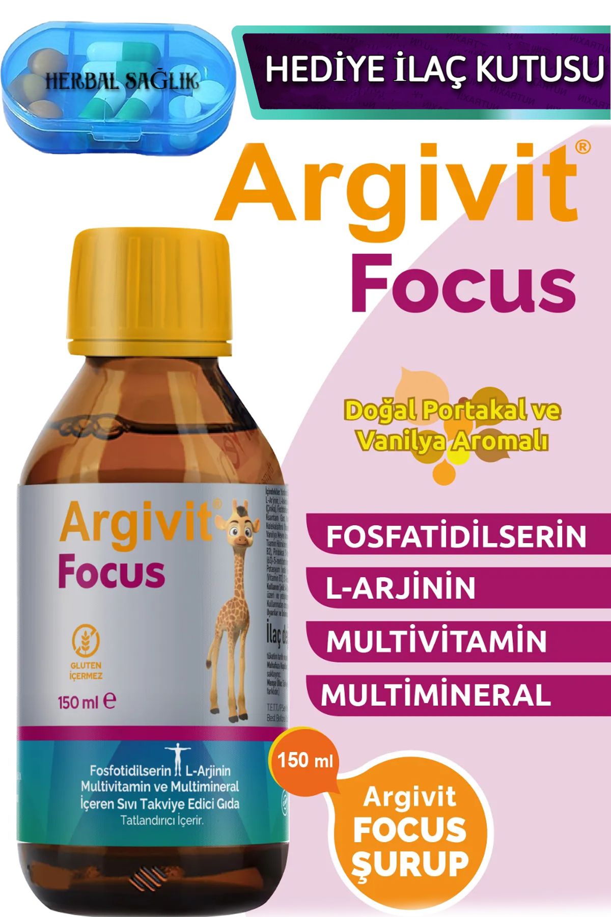 Argivit Focus Şurup-(Fosfatidilserin,L-arjinin,Multivitamin ve Multimineral 150 ml)- Karışık Meyve Aromalı