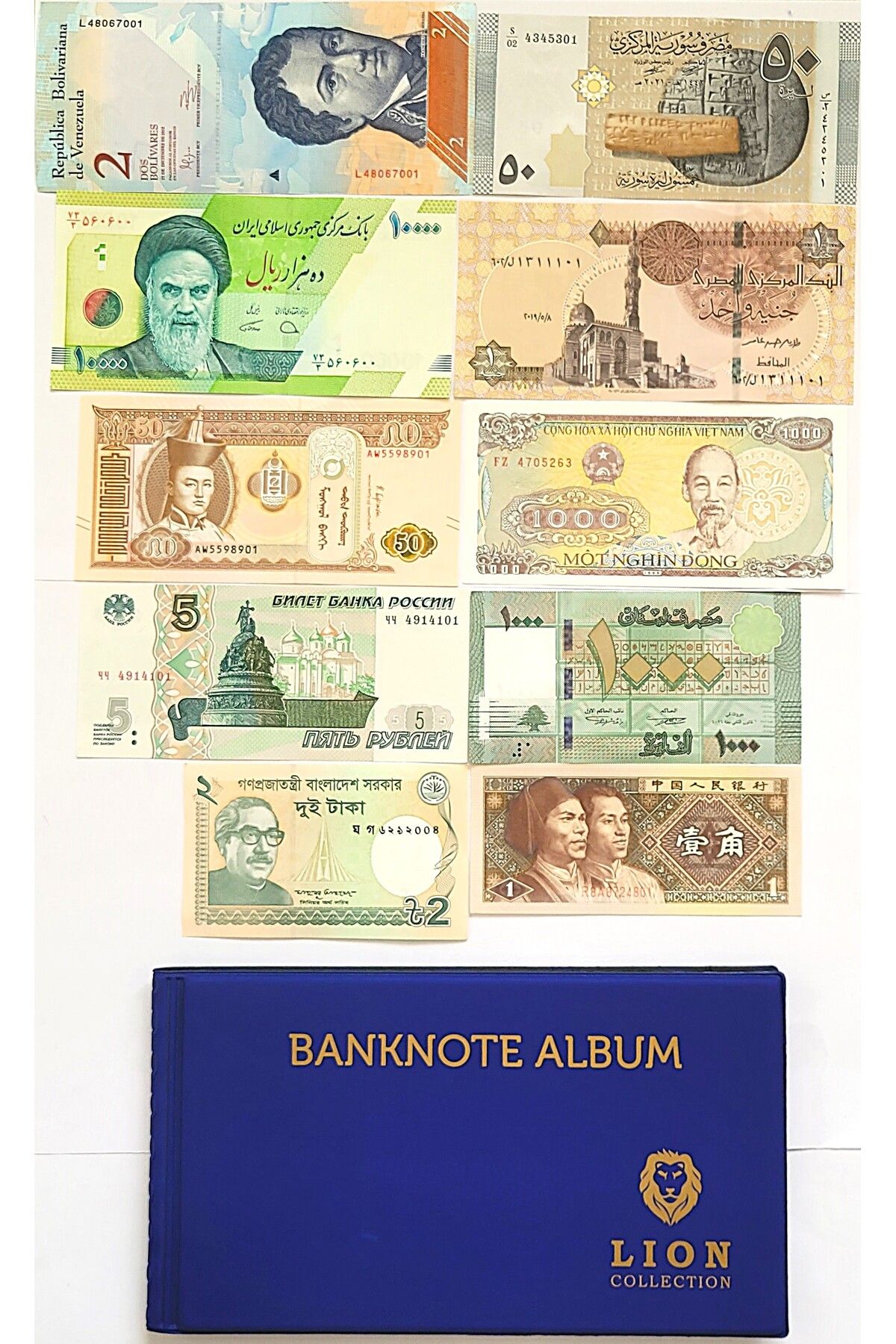 3Alp Koleksiyon Dünya Ülkeleri Kağıt Banknot Seti, 10 Farklı Ülke Ve 20 Sayfa Para Albümü, Mavi Renk