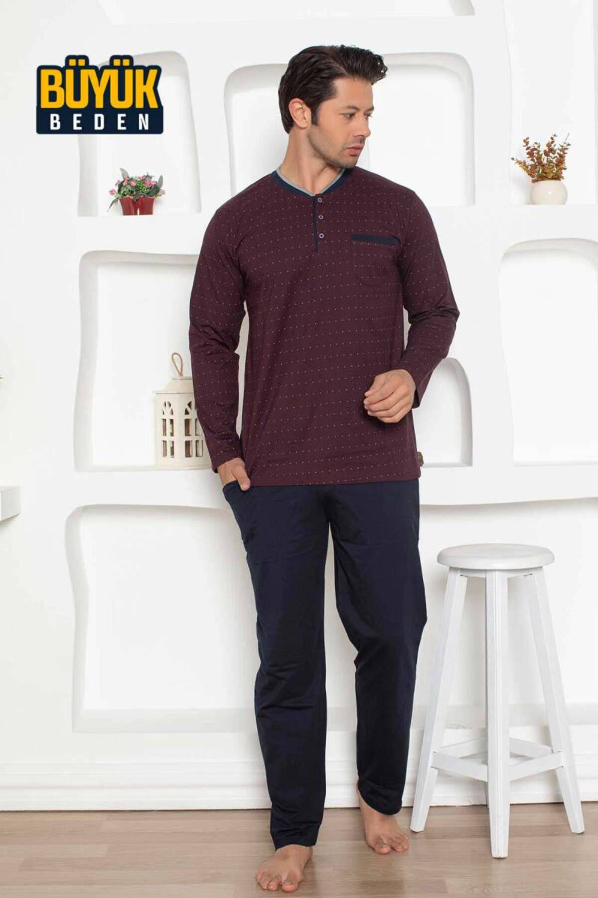 Men's Claret Red Plus Size Combed Cotton Long Sleeve Pajamas Set