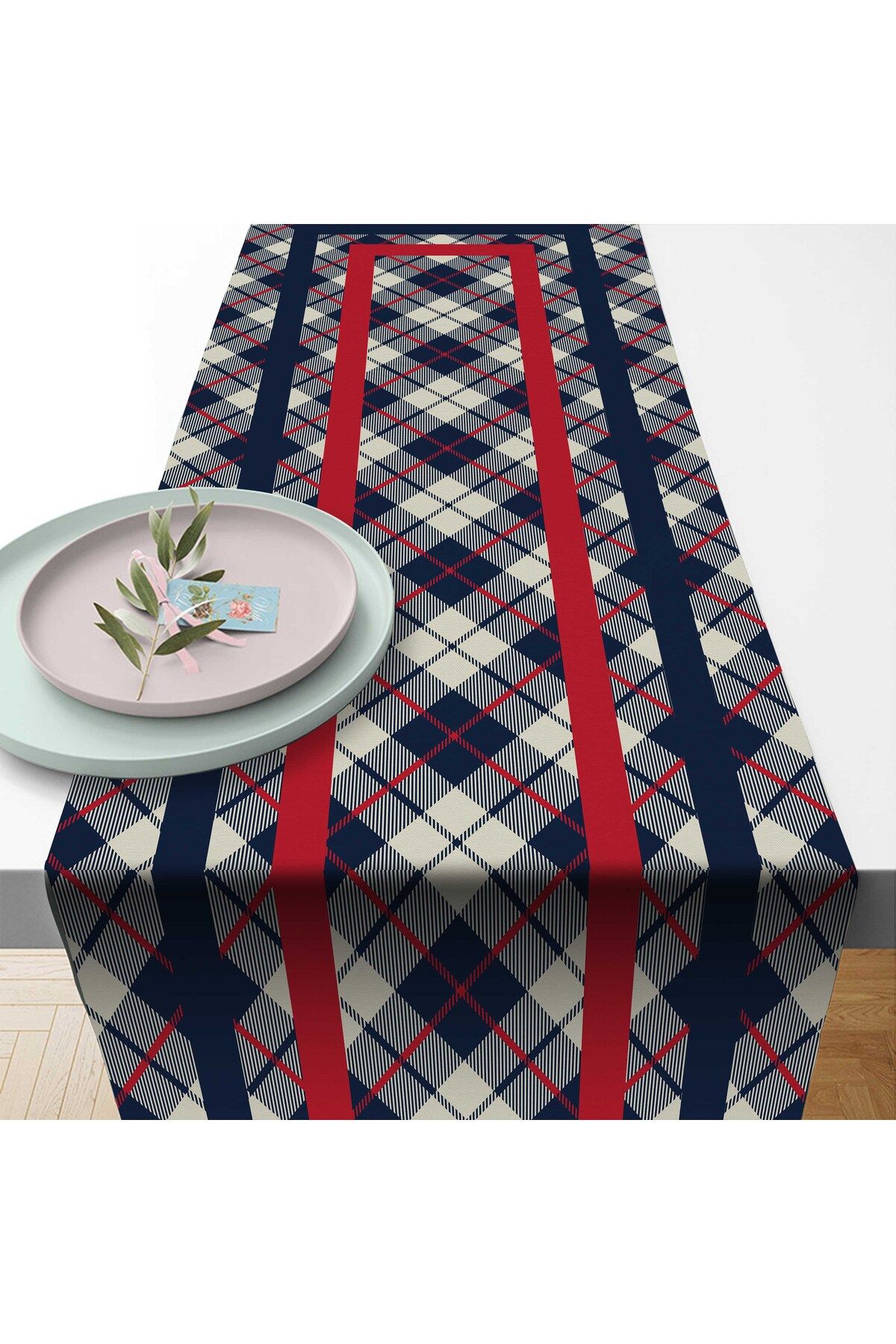 Razz Moda-Dark Blue Color Plaid Patterned Runner Digital Printed Hopper Fabric 40X170 1