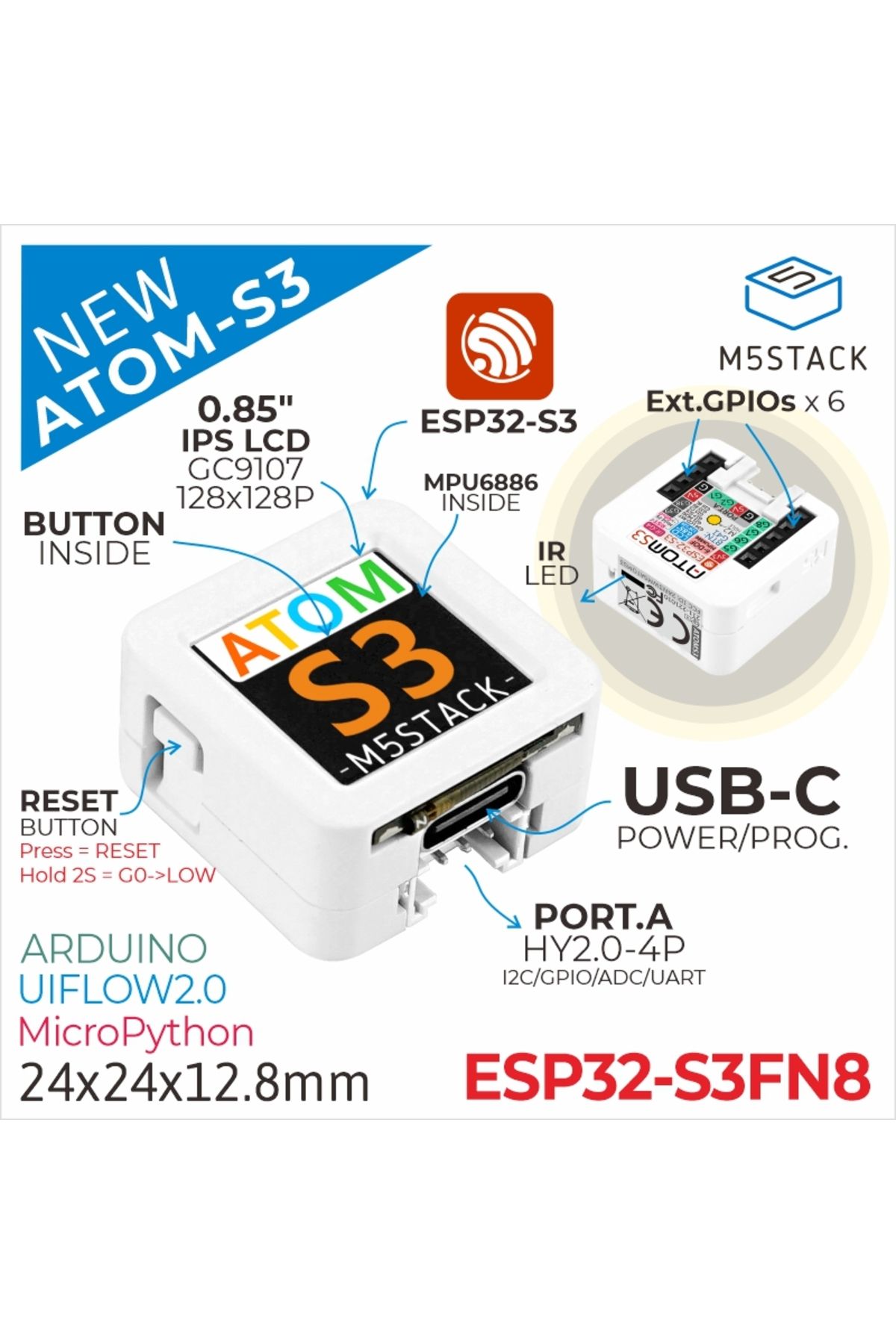 FMchip-Original M5Stack ATOMS3 ESP32-S3 Programmable Controller Development Board Kit Wi-Fi 6-axis Gyro ... 3
