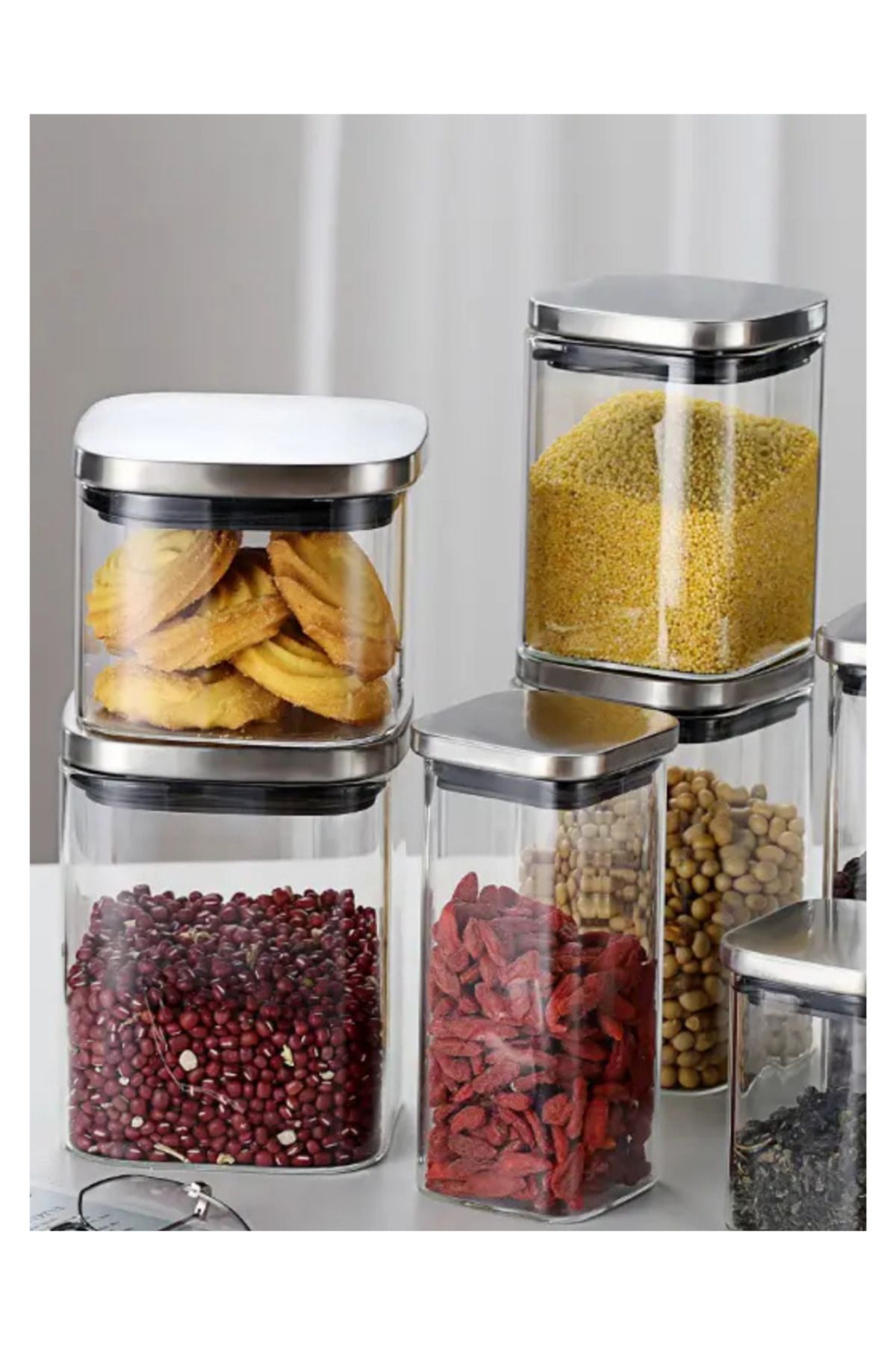 Kitchen Design Lab-8X8*15 cm Square Glass Jar -800 ml with Vacuum Chrome Lid, Spice Rack Storage Container 12 Pcs 3