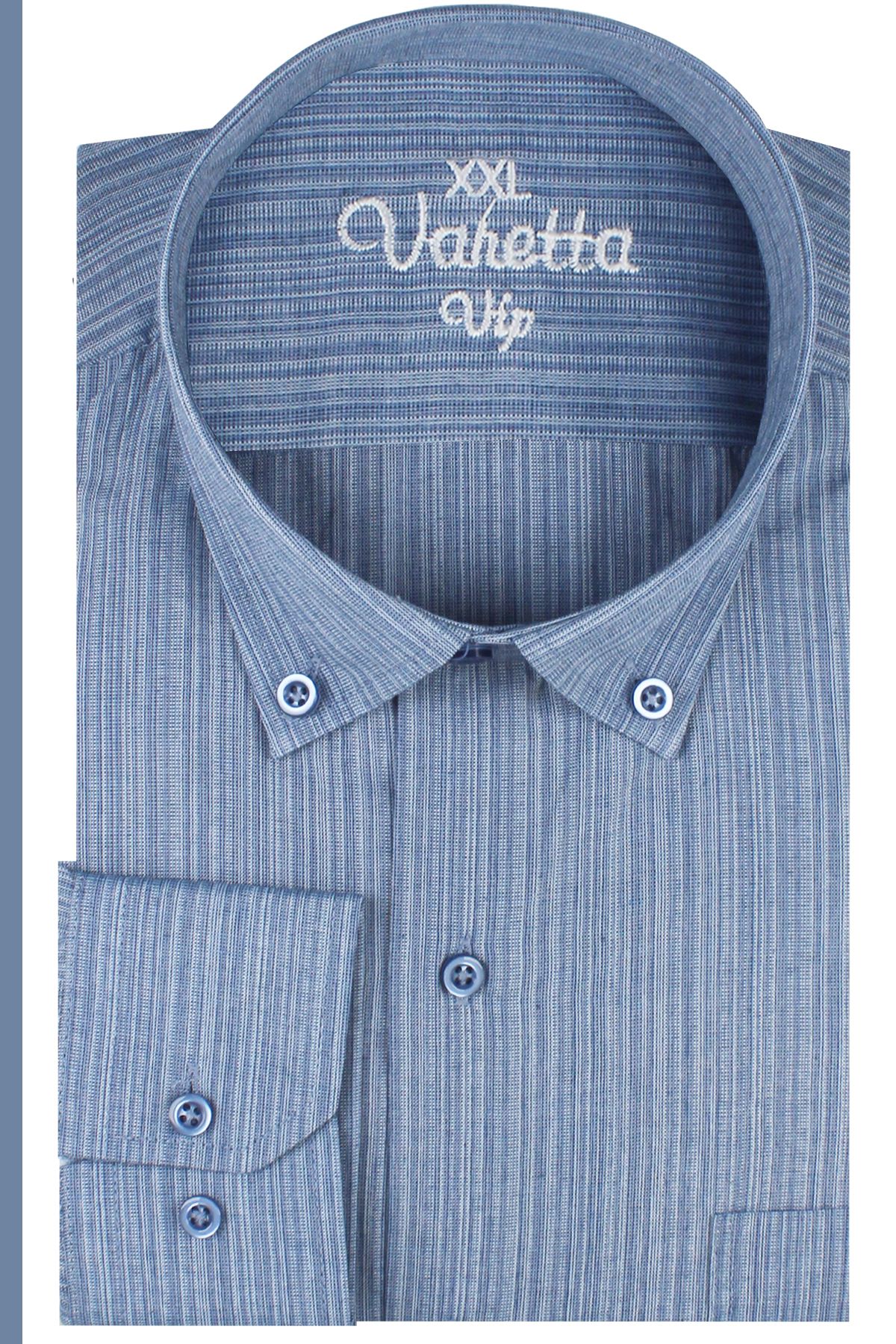 Varetta-Men's Blue Striped Pattern Long Sleeve Large Size Wide Cut Pocket Shirt 1