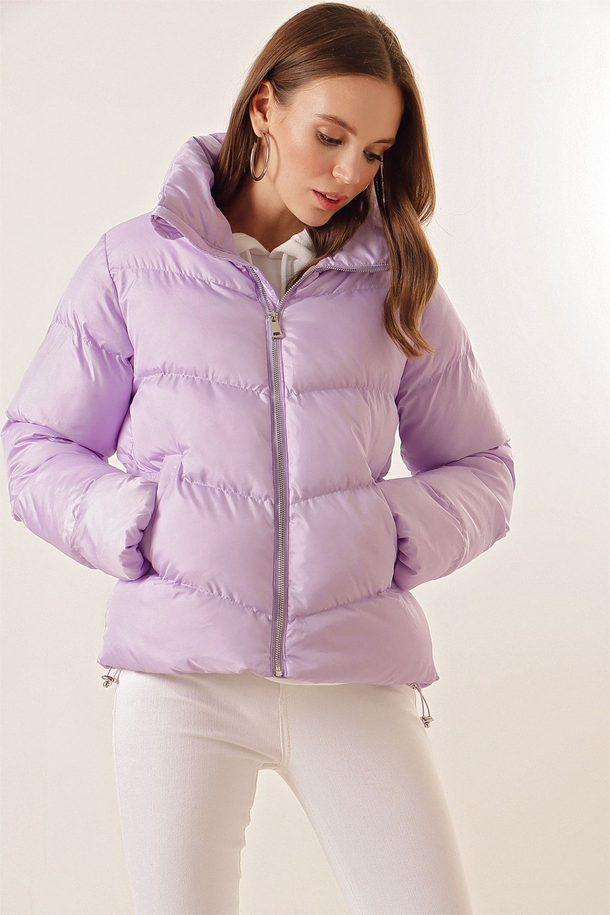 Bigdart-5205 Stand Collar Zippered Puffer Jacket - Lilac 2