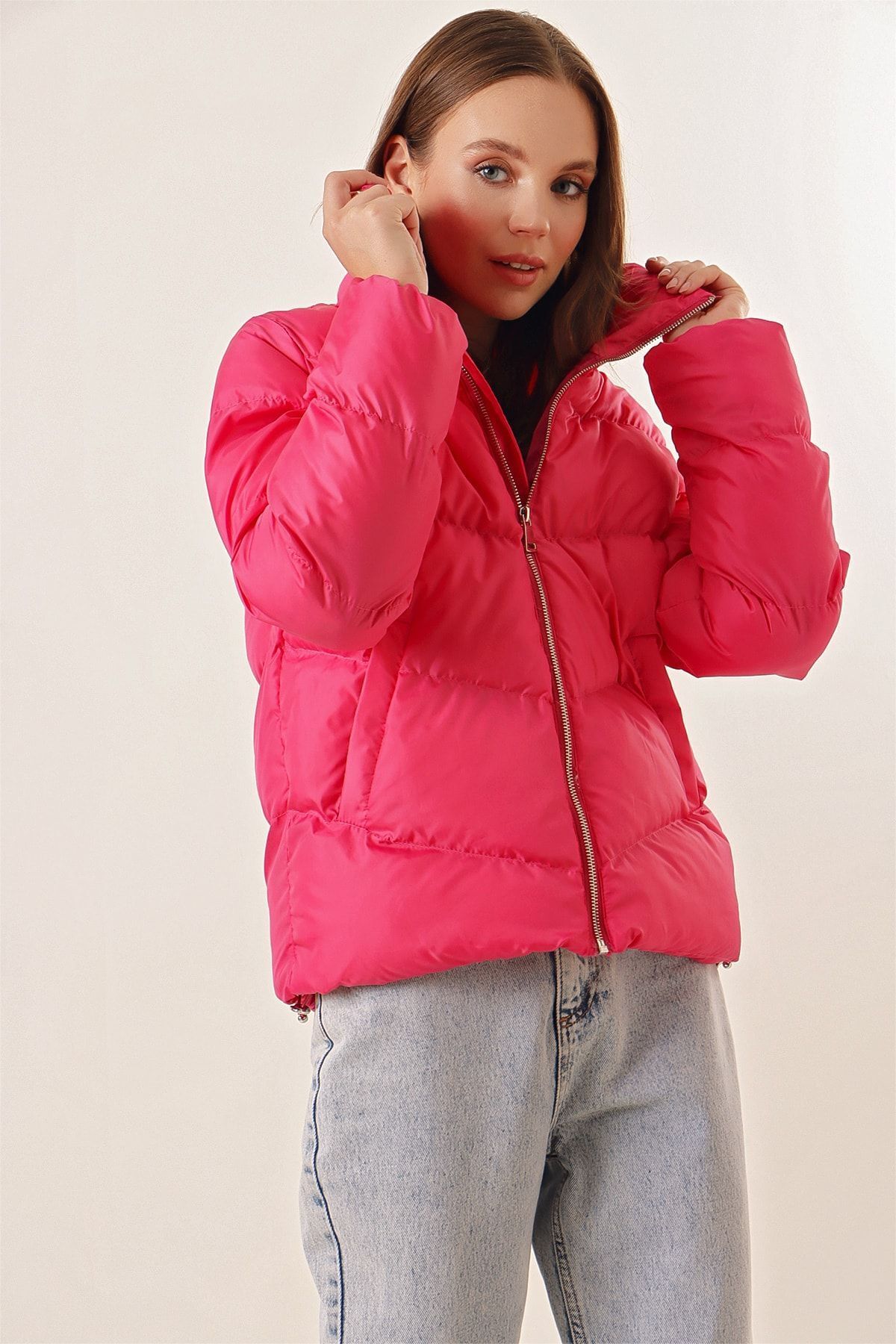 Bigdart-5205 Stand Collar Zippered Puffer Jacket - Fuchsia 3