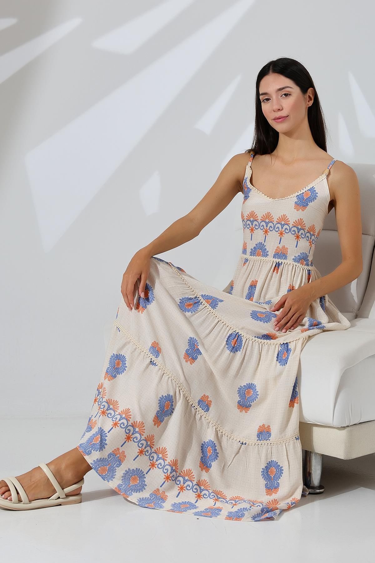 TENA-Blue Viscose Long Dress - Strappy and Watery Pattern 8