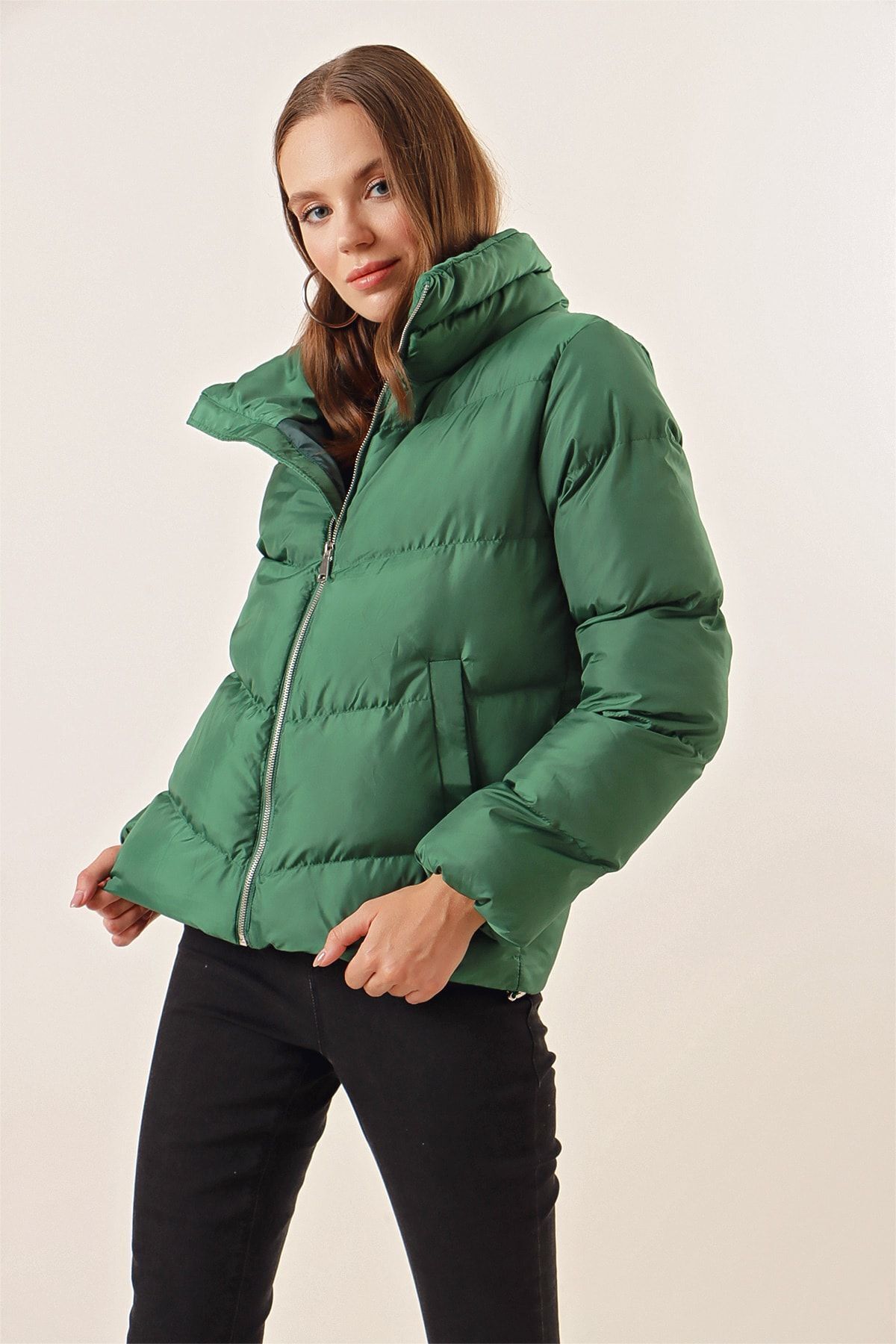 Bigdart-5205 Stand Collar Puffer Jacket with Zipper - Emerald Green 4