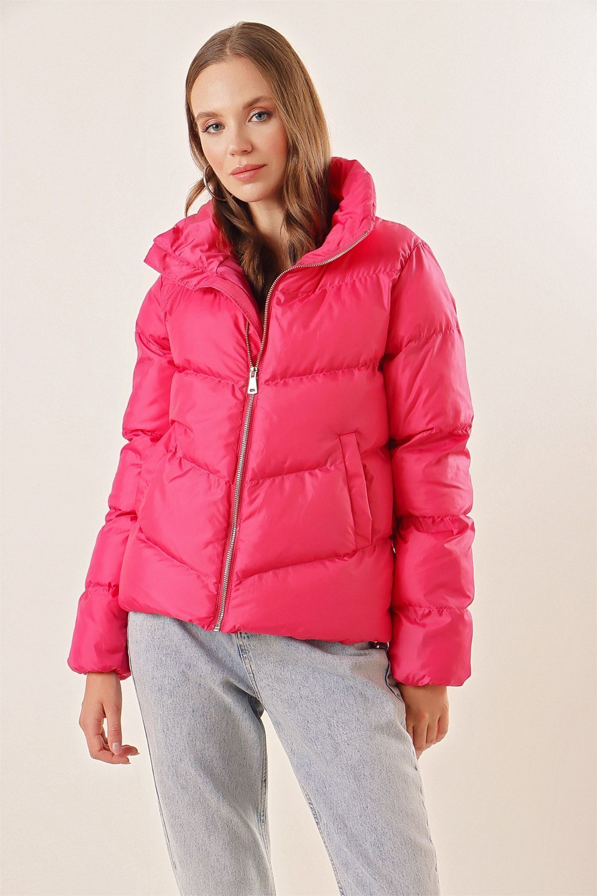 Bigdart-5205 Stand Collar Zippered Puffer Jacket - Fuchsia 5