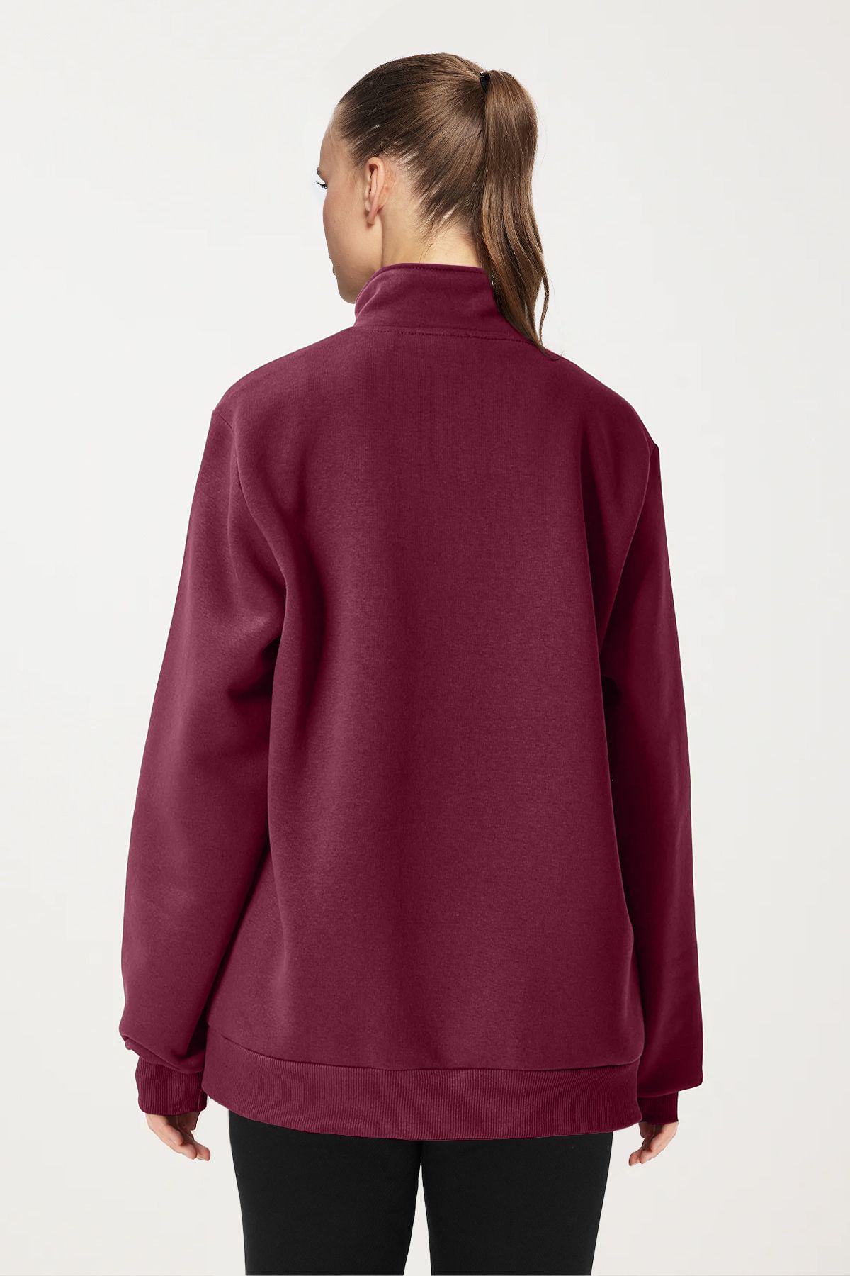 bilcee-Peak Women's Burgundy Oversize Half Zippered Stand Collar Sweatshirt 7012 2