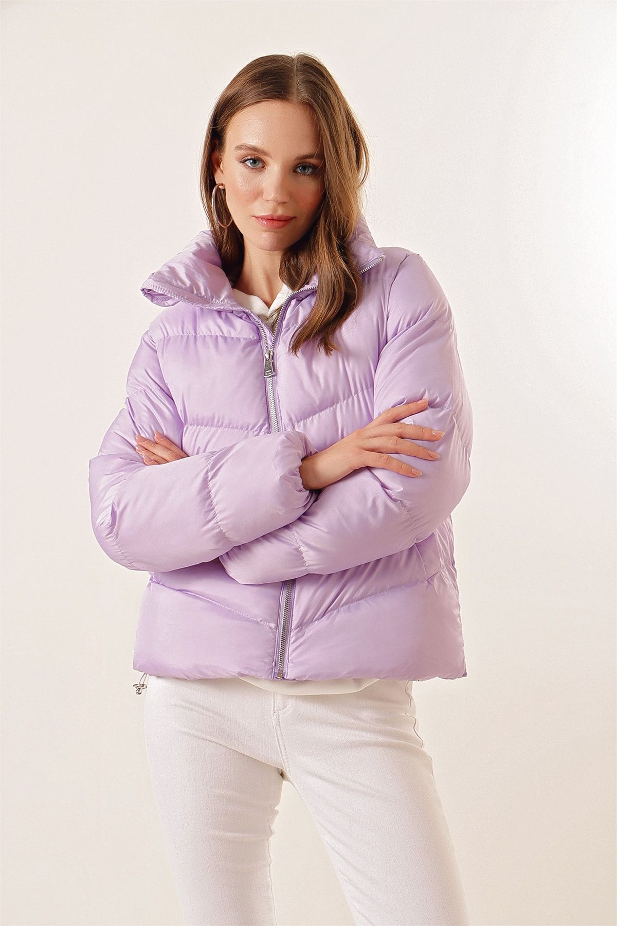 Bigdart-5205 Stand Collar Zippered Puffer Jacket - Lilac 5