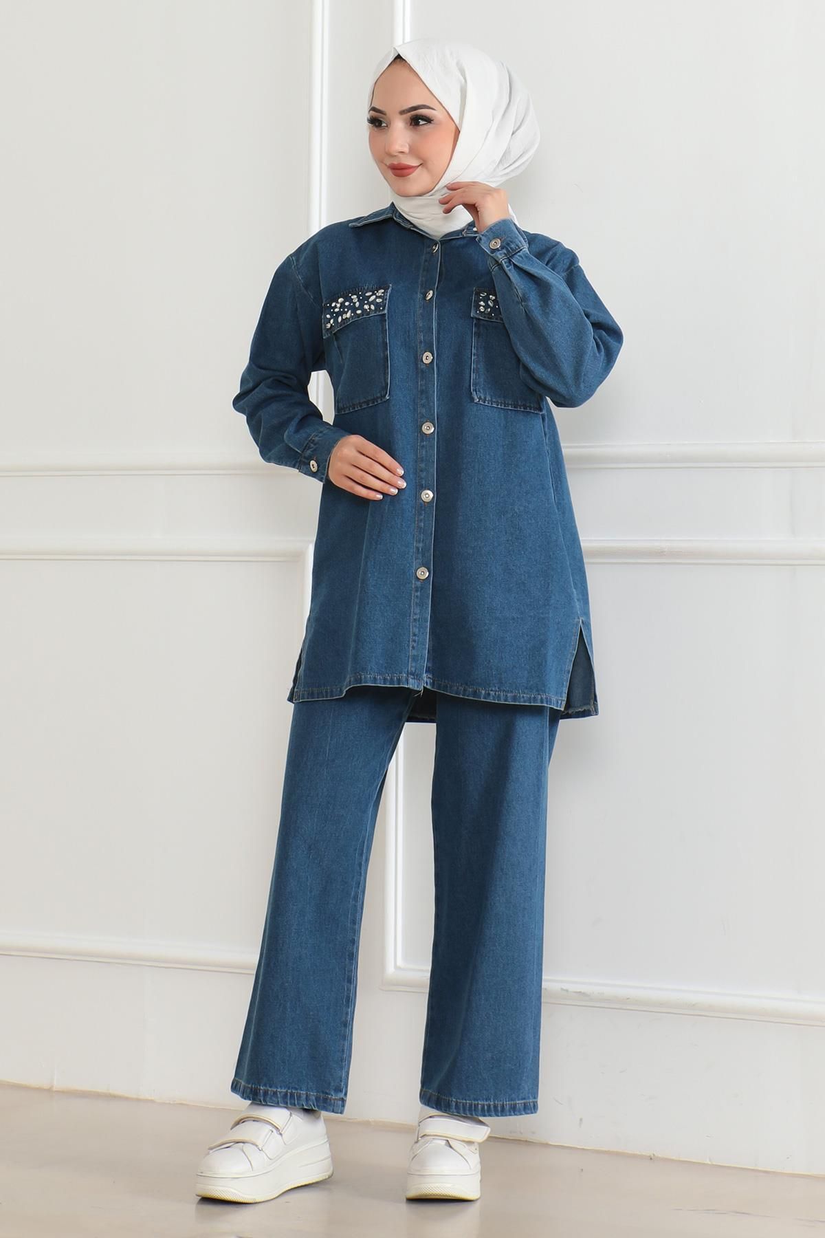 Modamihram-Buttoned Jeans Suit with Stone Detail Open Jeans 19285 3